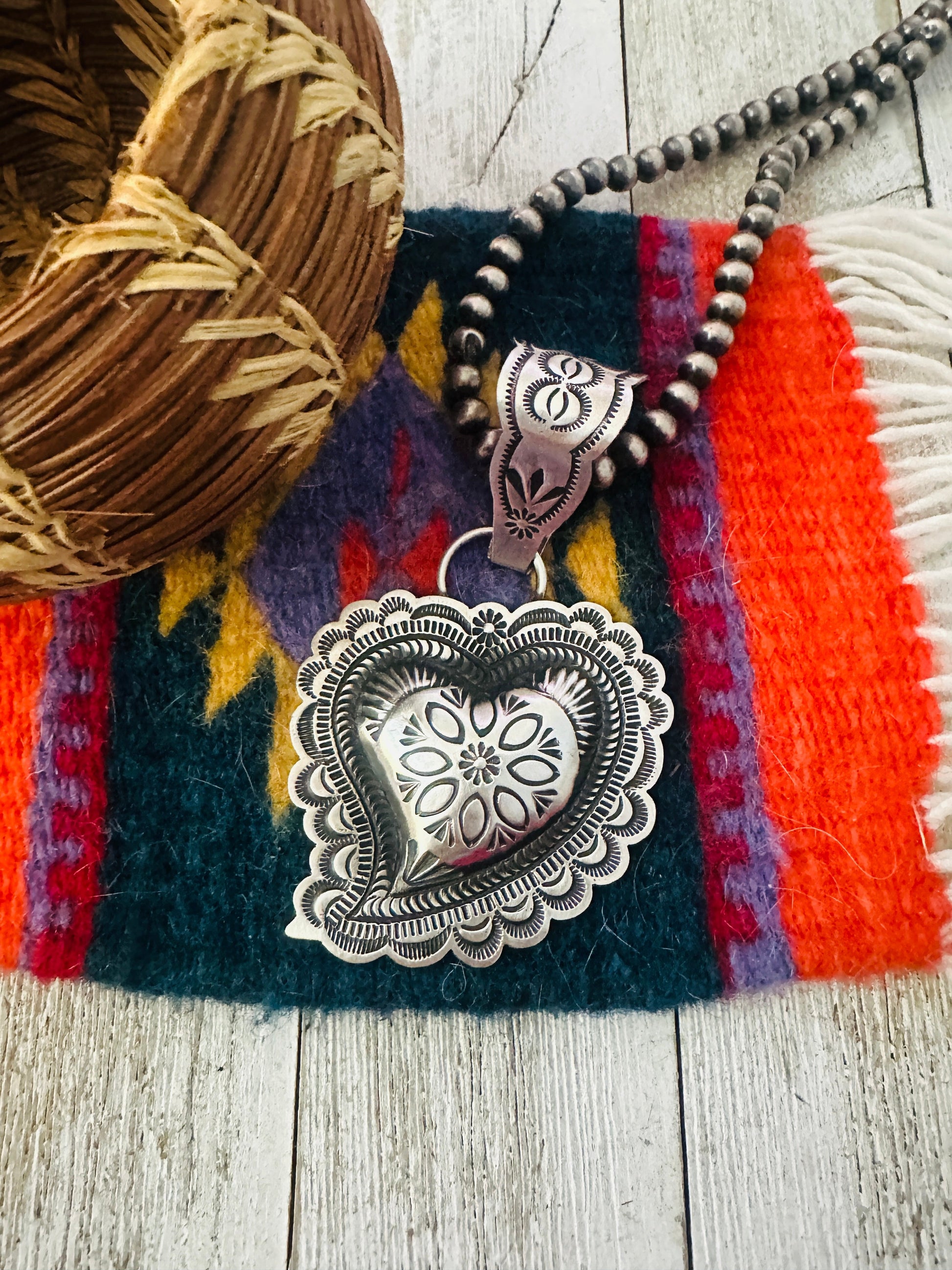 Handcrafted Sterling Silver Heart Concho Pendant by Leander Tahe Nizhoni Traders LLC