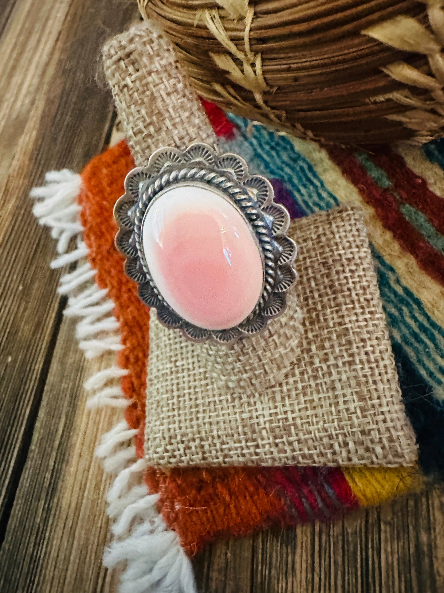 Handcrafted Queen Pink Conch & Sterling Silver Ring Size 8.75 Nizhoni Traders LLC