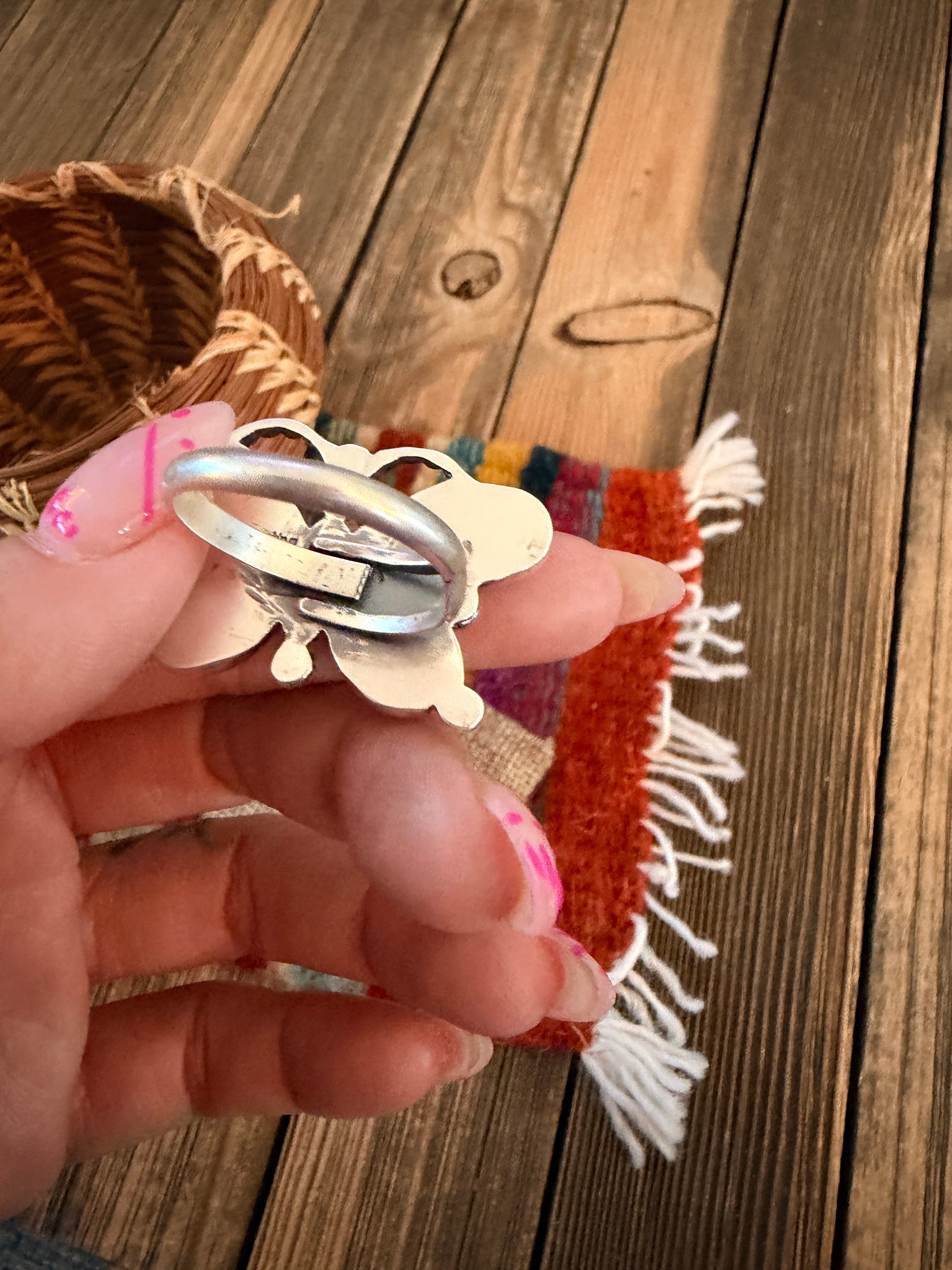Handcrafted Pink Dream Mojave & Sterling Silver Adjustable Butterfly Ring Nizhoni Traders LLC