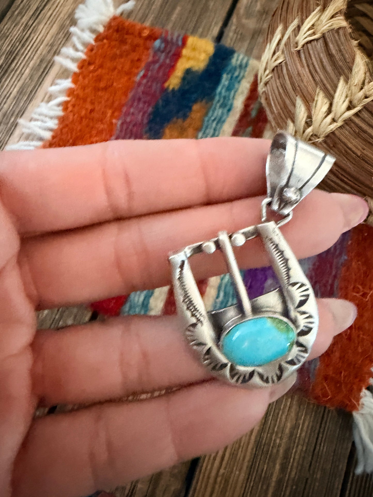 Handcrafted Sterling Silver & Turquoise Belt Buckle Pendant by Leroy James Nizhoni Traders LLC