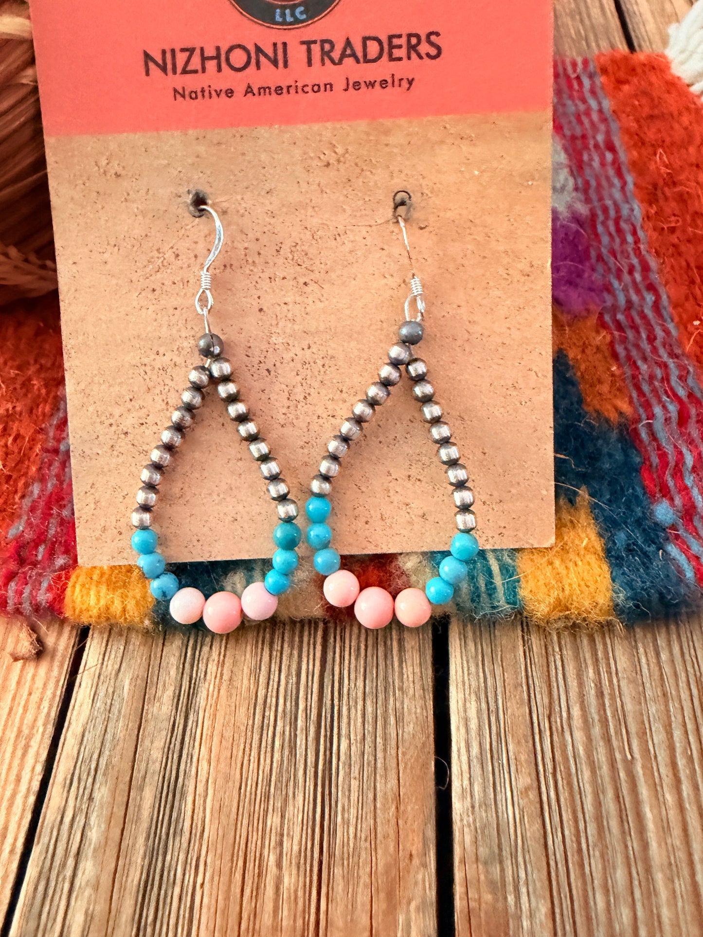 Handcrafted Pink Conch, Turquoise & Sterling Silver Pearl Beaded Dangle Hoop Earrings Nizhoni Traders LLC