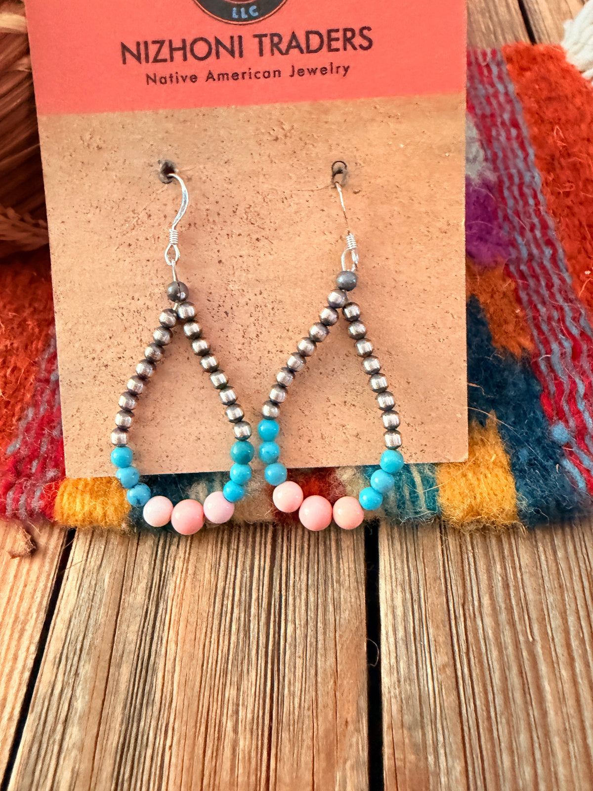 Handcrafted Pink Conch, Turquoise & Sterling Silver Pearl Beaded Dangle Hoop Earrings Nizhoni Traders LLC