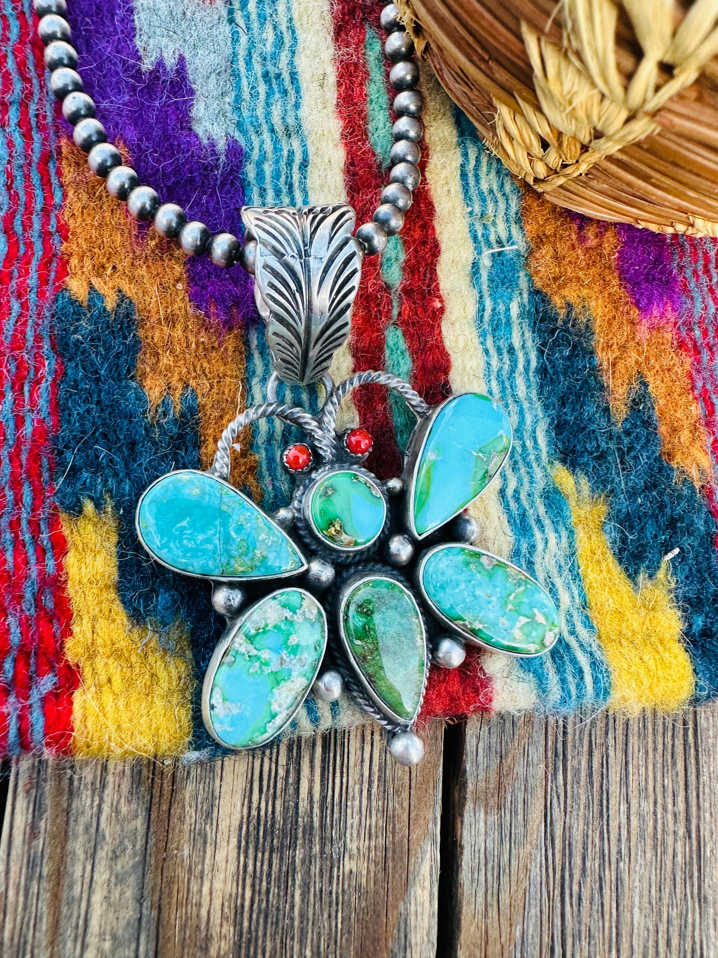 Handcrafted Sterling Silver, Turquoise & Coral Dragonfly Pendant by Emer Thompson Nizhoni Traders LLC