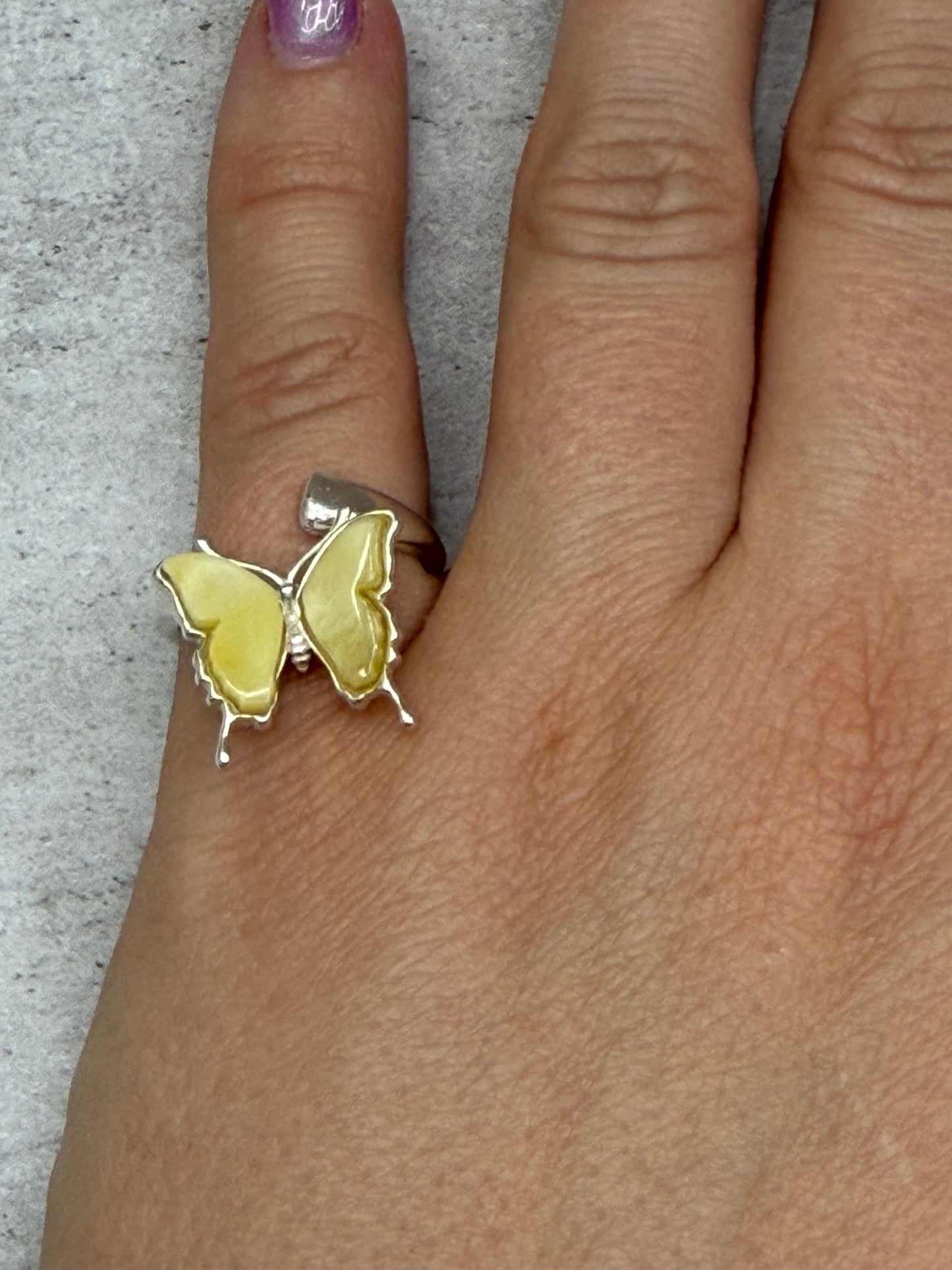 Butterfly Ring Yellow Amber Handmade Sterling Silver Adjustable Nizhoni Traders LLC