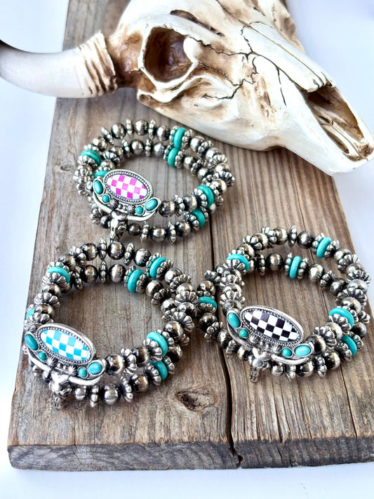 2 Layered Western Steerhead Checkerboard Stretch Bracelet Boho Ranch Shop