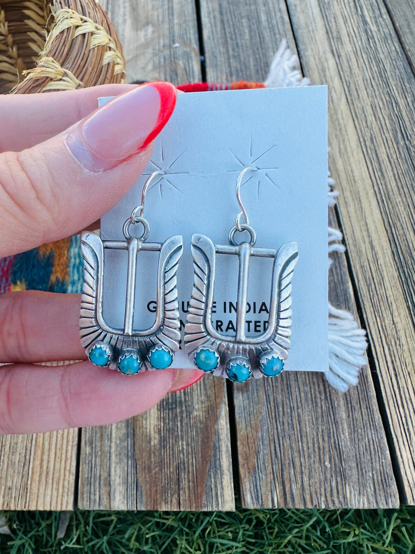 Handcrafted Turquoise & Sterling Silver Belt Buckle Dangle Earrings by Leroy James Nizhoni Traders LLC