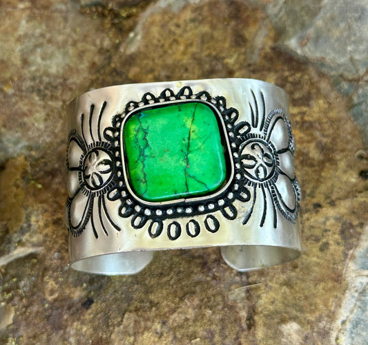 Engraved Silver Plated Cuff Bracelet with Green Stone Nizhoni Traders LLC
