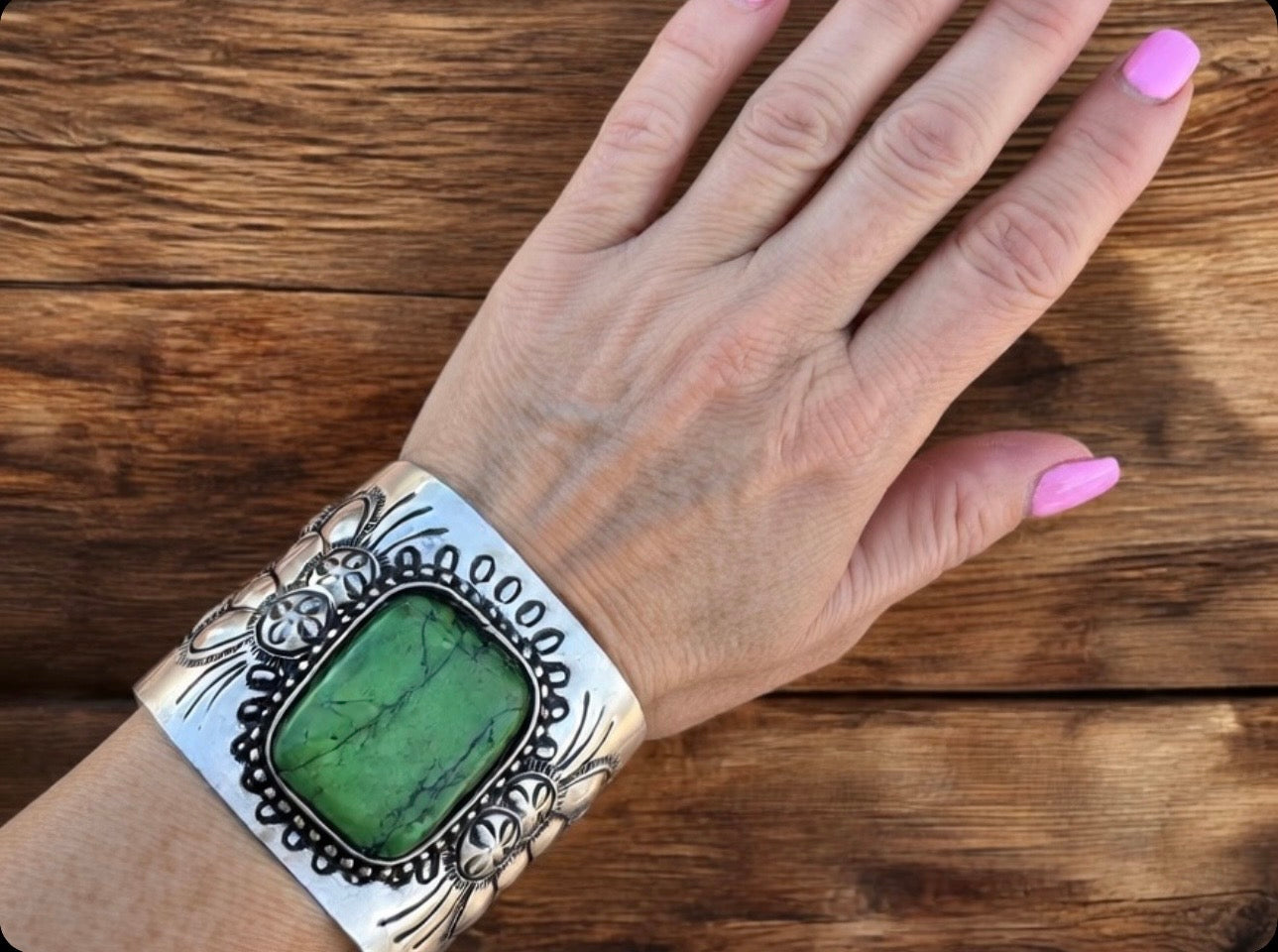 Engraved Silver Plated Cuff Bracelet with Green Stone Nizhoni Traders LLC