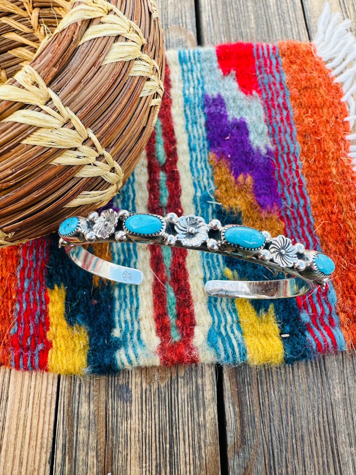 Handcrafted Turquoise & Sterling Silver Flower Stacker Cuff Bracelet Nizhoni Traders LLC