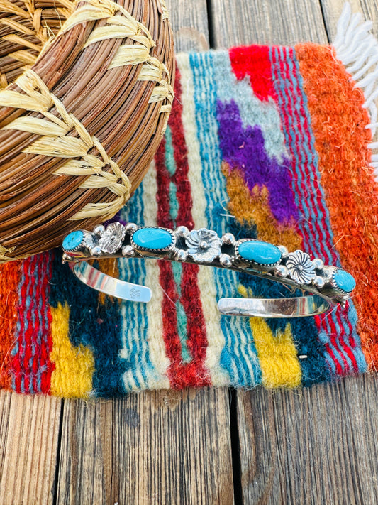 Handcrafted Turquoise & Sterling Silver Flower Stacker Cuff Bracelet Nizhoni Traders LLC