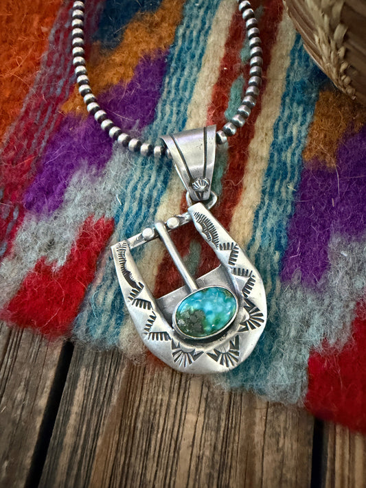 Handcrafted Sterling Silver & Turquoise Belt Buckle Pendant by Leroy James Nizhoni Traders LLC