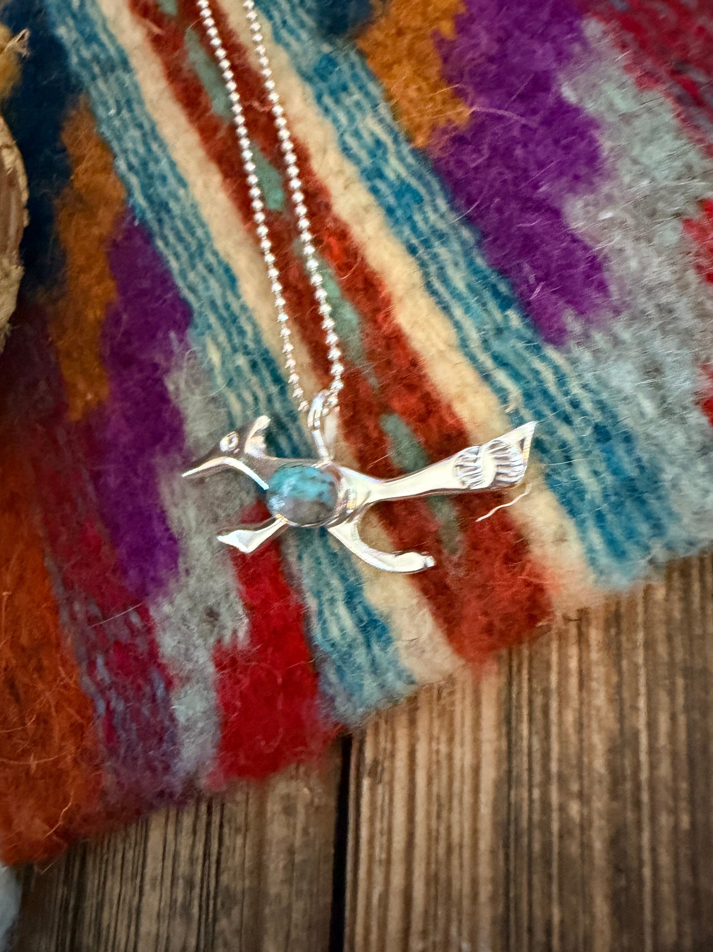 Handcrafted Sterling Silver & Turquoise Road Runner Pendant by Joseph Martinez Nizhoni Traders LLC