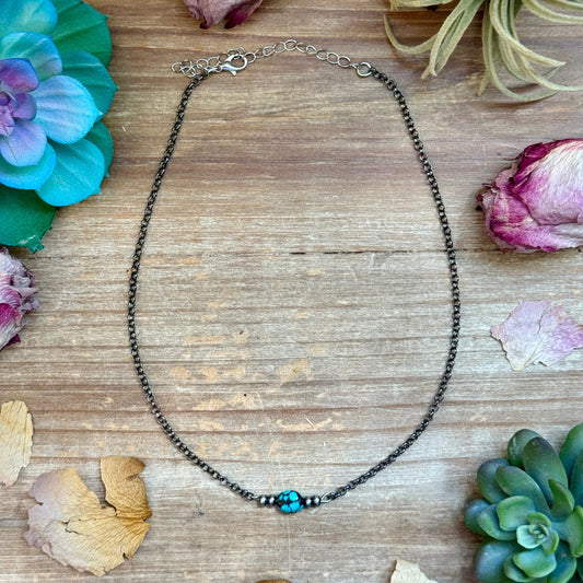 Dark Turquoise Center & Sterling Saucer Pearl Necklace 16” The Bijoux FAB Jewelry