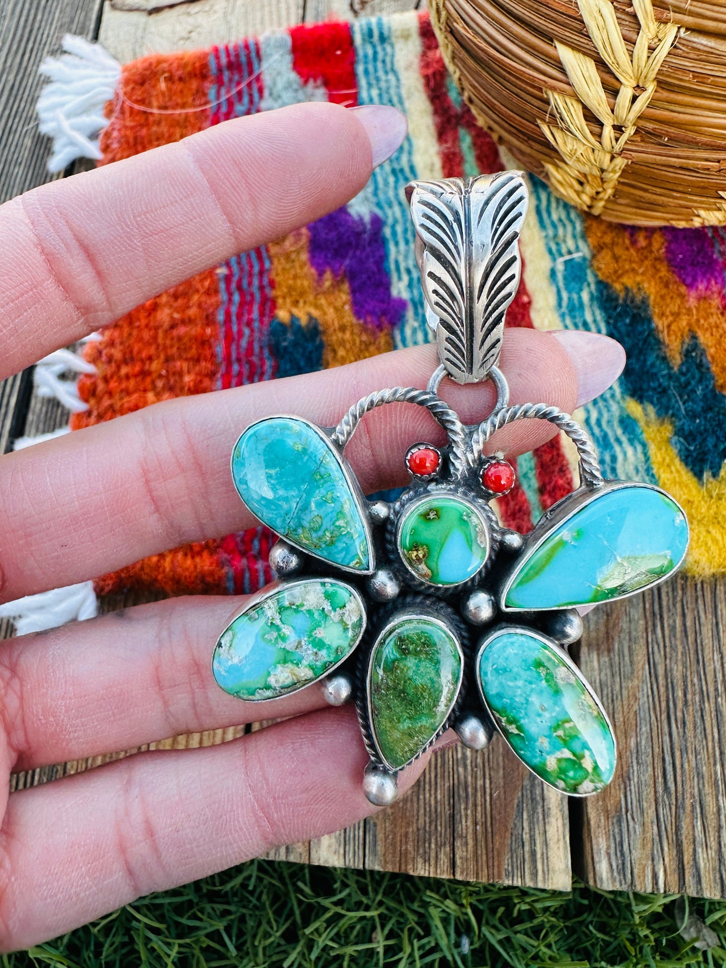 Handcrafted Sterling Silver, Turquoise & Coral Dragonfly Pendant by Emer Thompson Nizhoni Traders LLC