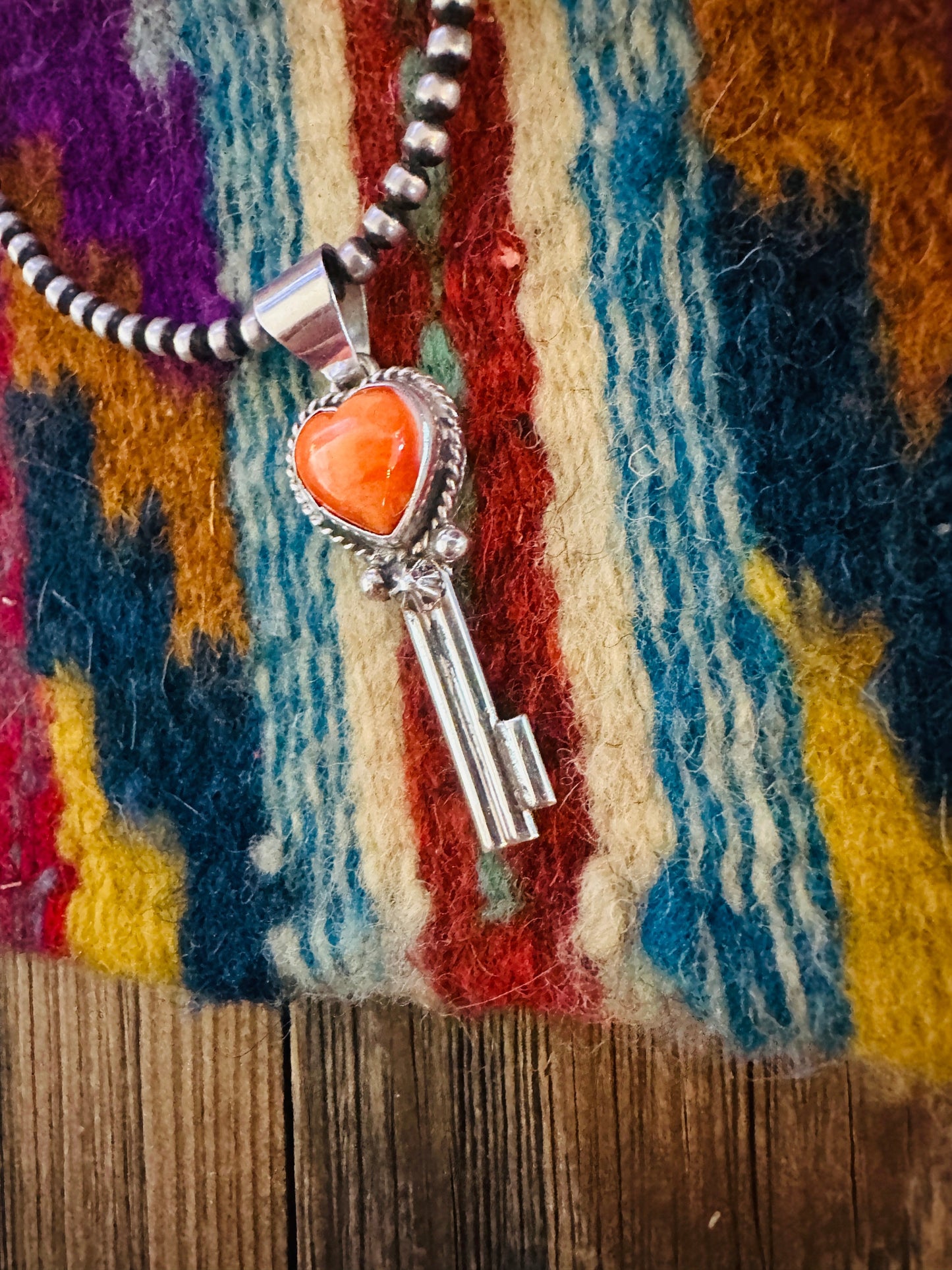 Handcrafted Spiny Oyster & Sterling Silver Heart Key Pendant Nizhoni Traders LLC