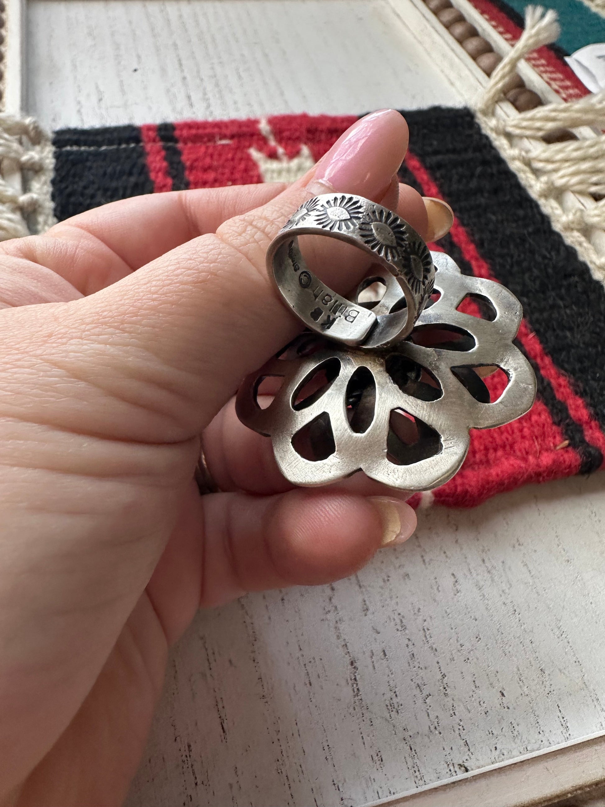 Gorgeous Handcrafted Turquoise And Sterling Silver Adjustable Flower Ring Signed K Billah Nizhoni Traders LLC
