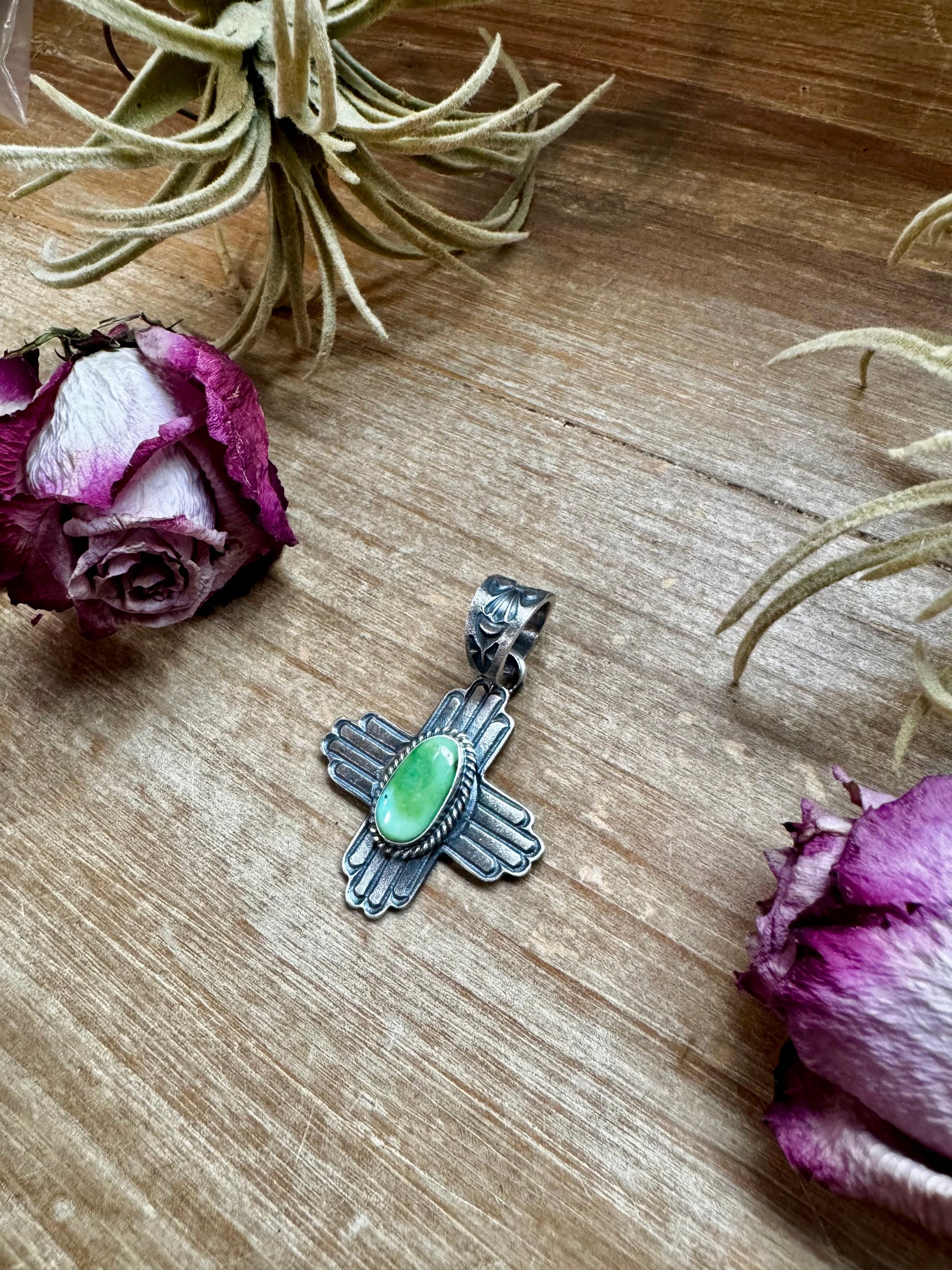 Zia Symbol Pendant with Sonoran Gold Turquoise – Sterling Silver – Native Made by K. Billah – Fits 8mm The Bijoux FAB Jewelry