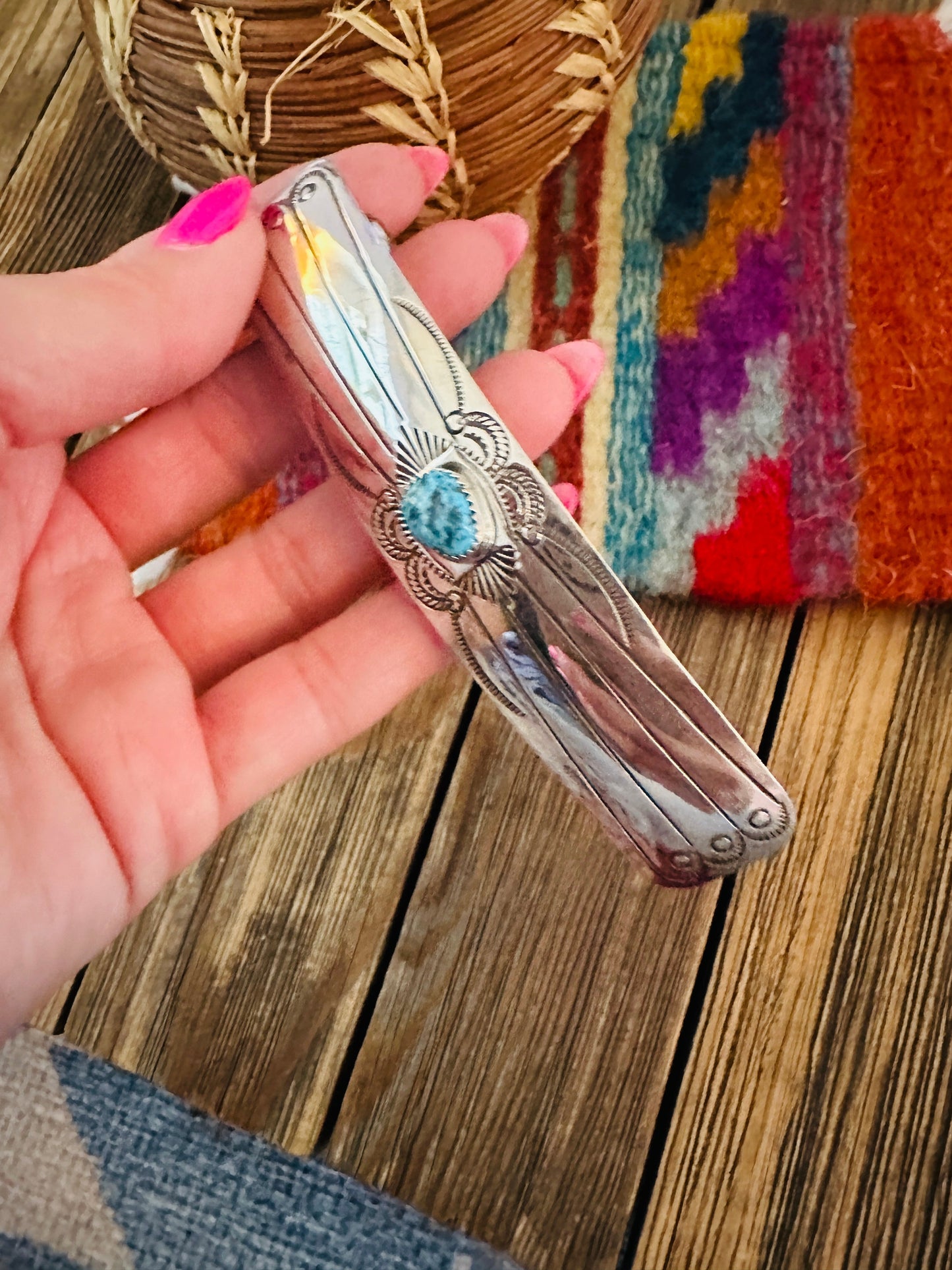 Handcrafted Turquoise & Sterling Silver Concho Hair Barrette Nizhoni Traders LLC