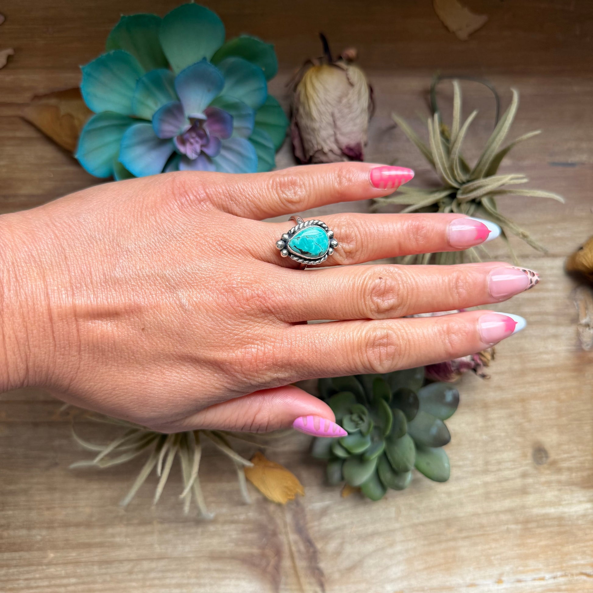 126 - Sterling Silver Tyrone Turquoise Medicine Man Eye Stamped Stacking Ring by Jason Ogg The Bijoux FAB Jewelry