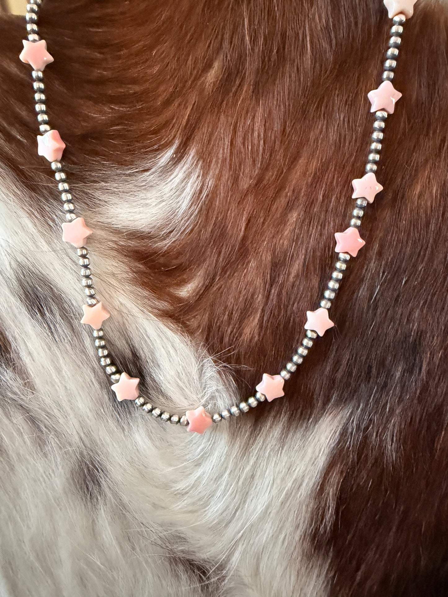 Handcrafted Queen Pink Conch and Sterling Silver Pearl Beaded Star Necklace Nizhoni Traders LLC
