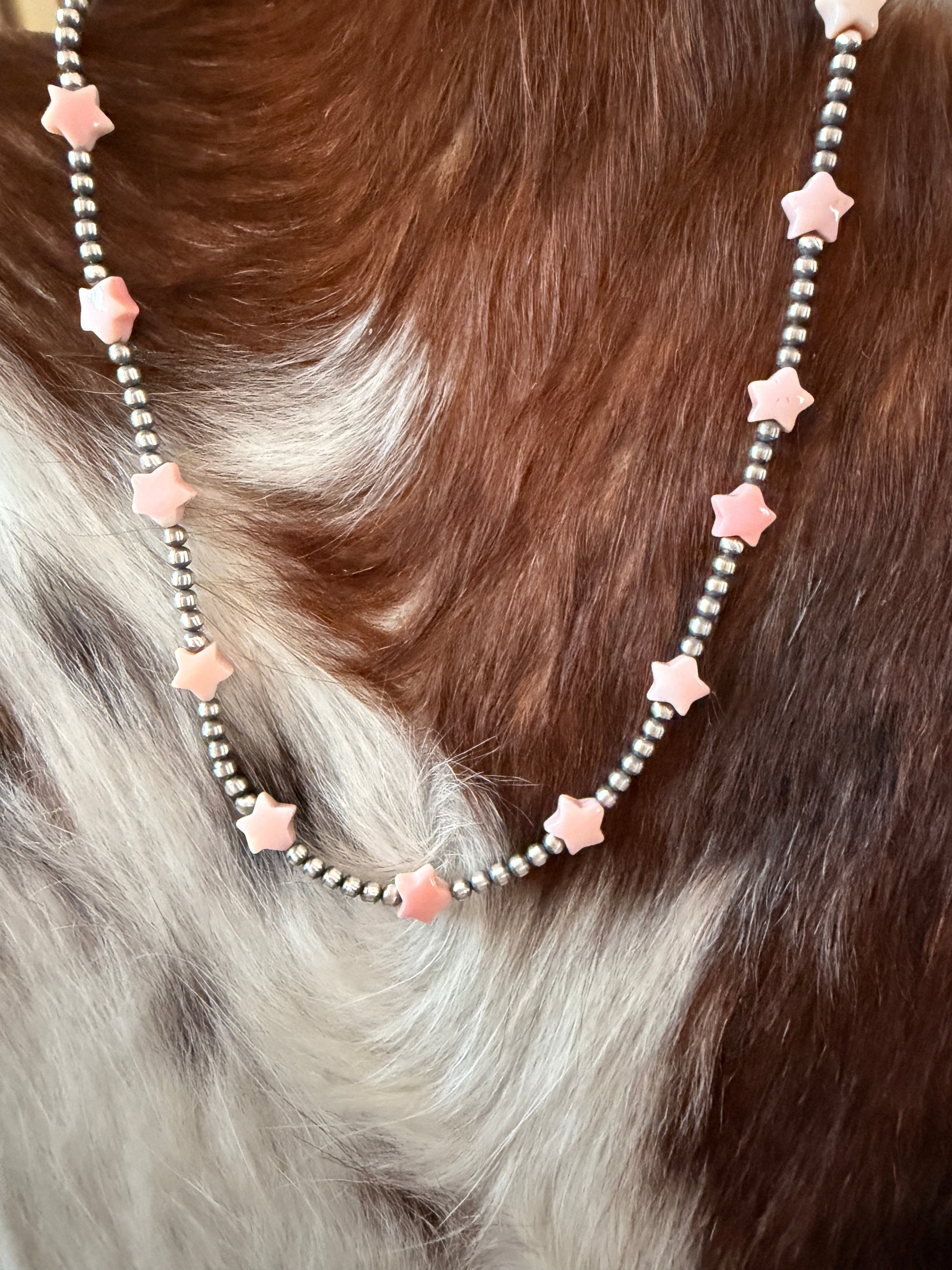 Handcrafted Queen Pink Conch and Sterling Silver Pearl Beaded Star Necklace Nizhoni Traders LLC