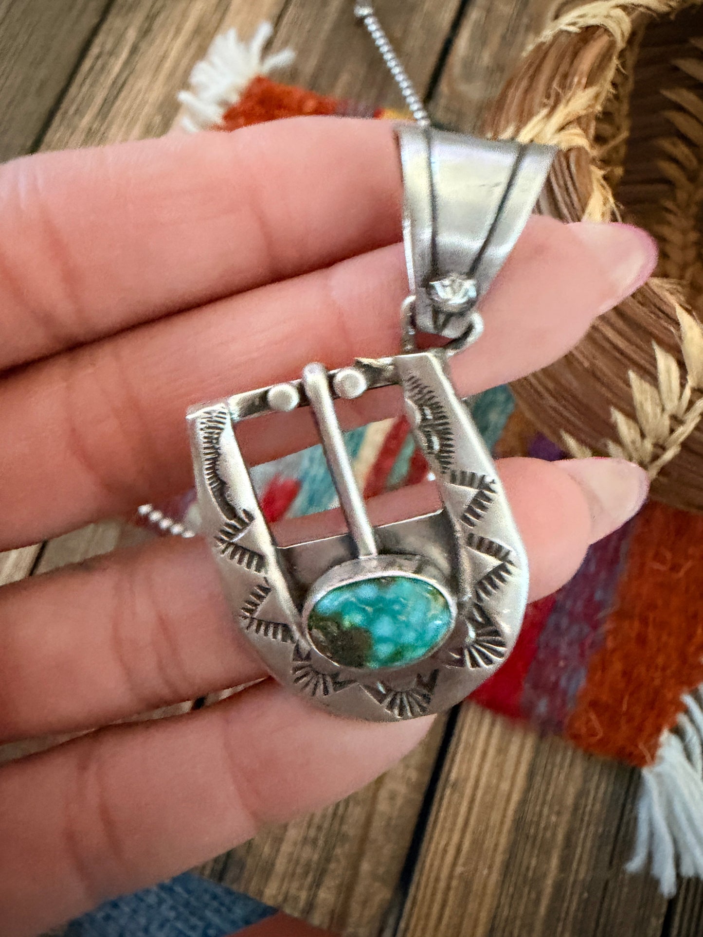 Handcrafted Sterling Silver & Turquoise Belt Buckle Pendant by Leroy James Nizhoni Traders LLC