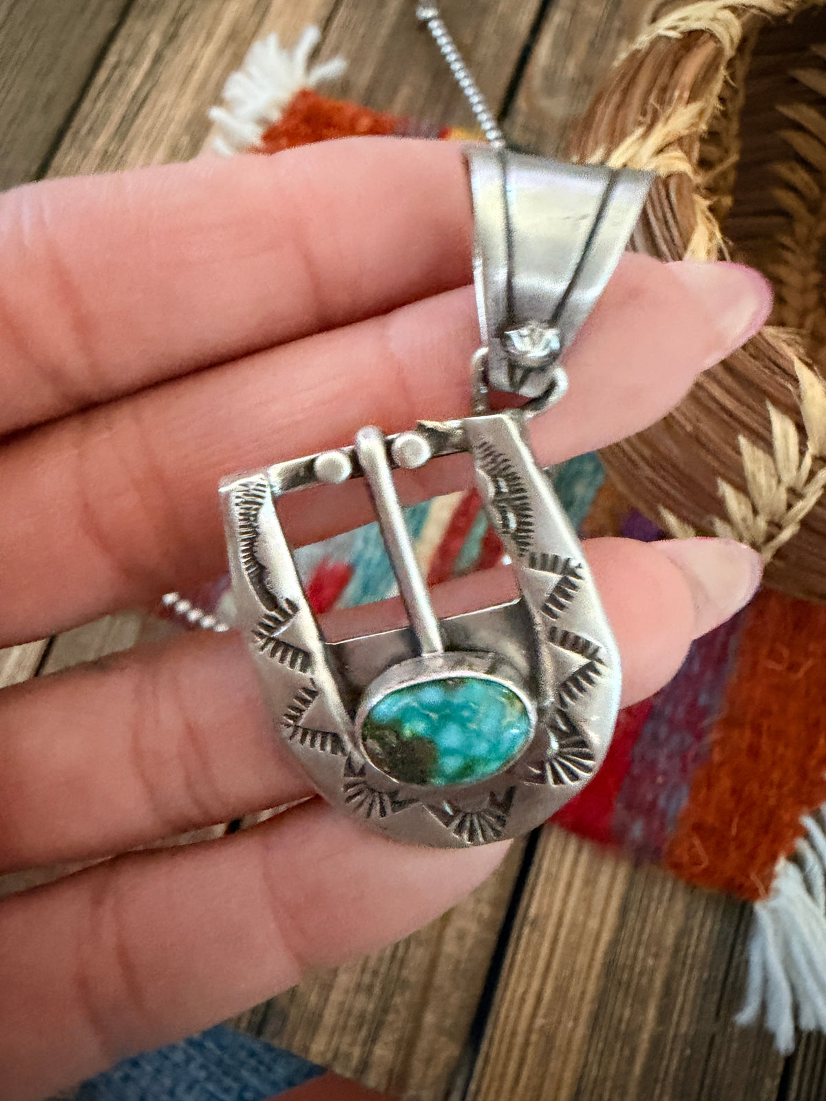 Handcrafted Sterling Silver & Turquoise Belt Buckle Pendant by Leroy James Nizhoni Traders LLC