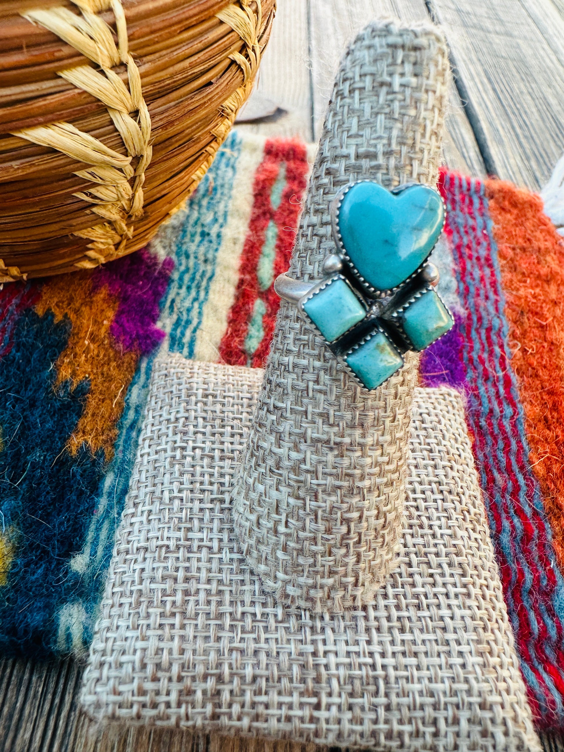 Handcrafted Turquoise & Sterling Silver Heart Adjustable Ring by Julia Etsitty Nizhoni Traders LLC