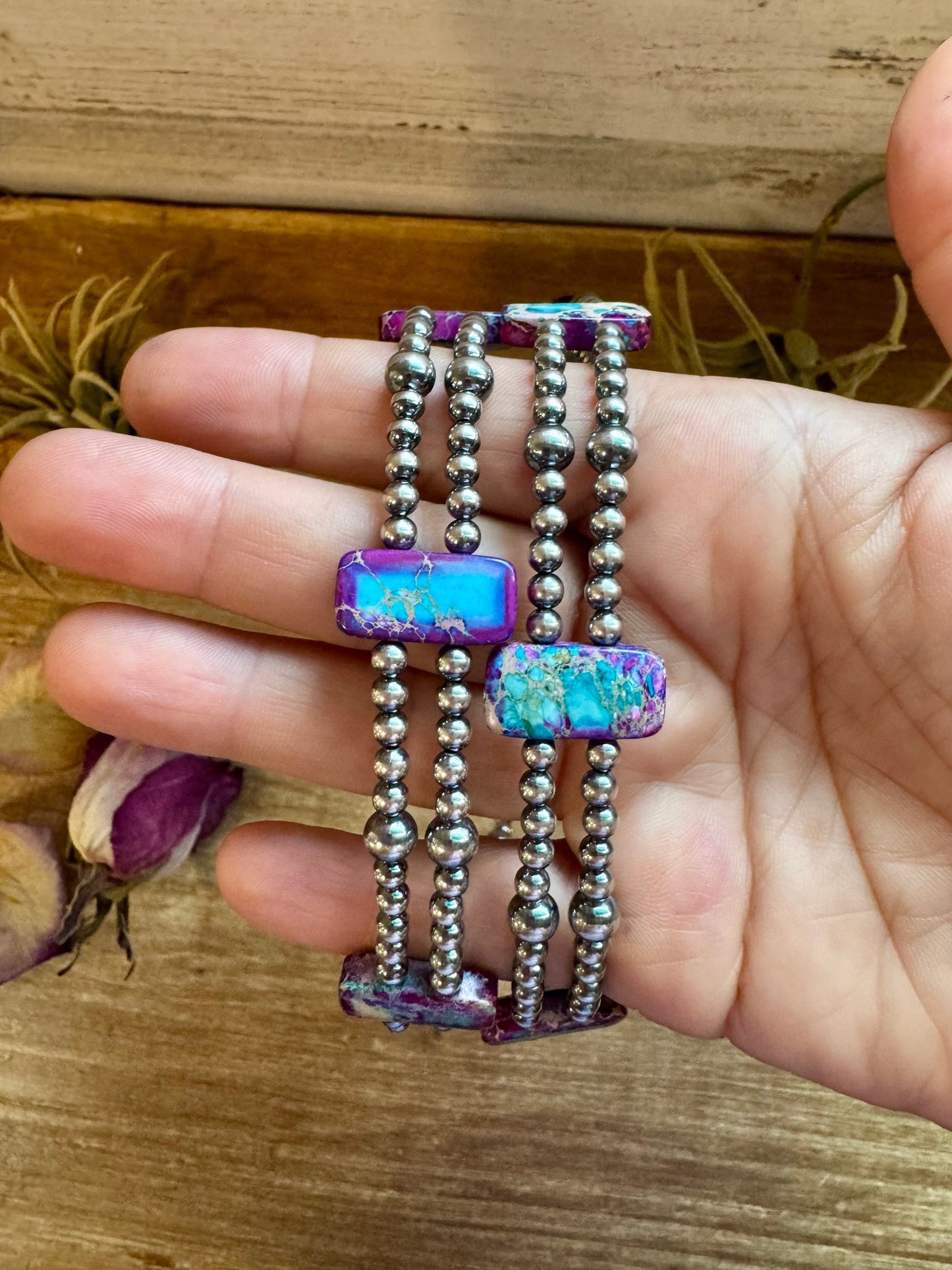 Purple Double Strand Necklace – 13” Beaded – Sterling Silver Pearls & Rectangle Variscite Turquoise The Bijoux FAB Jewelry