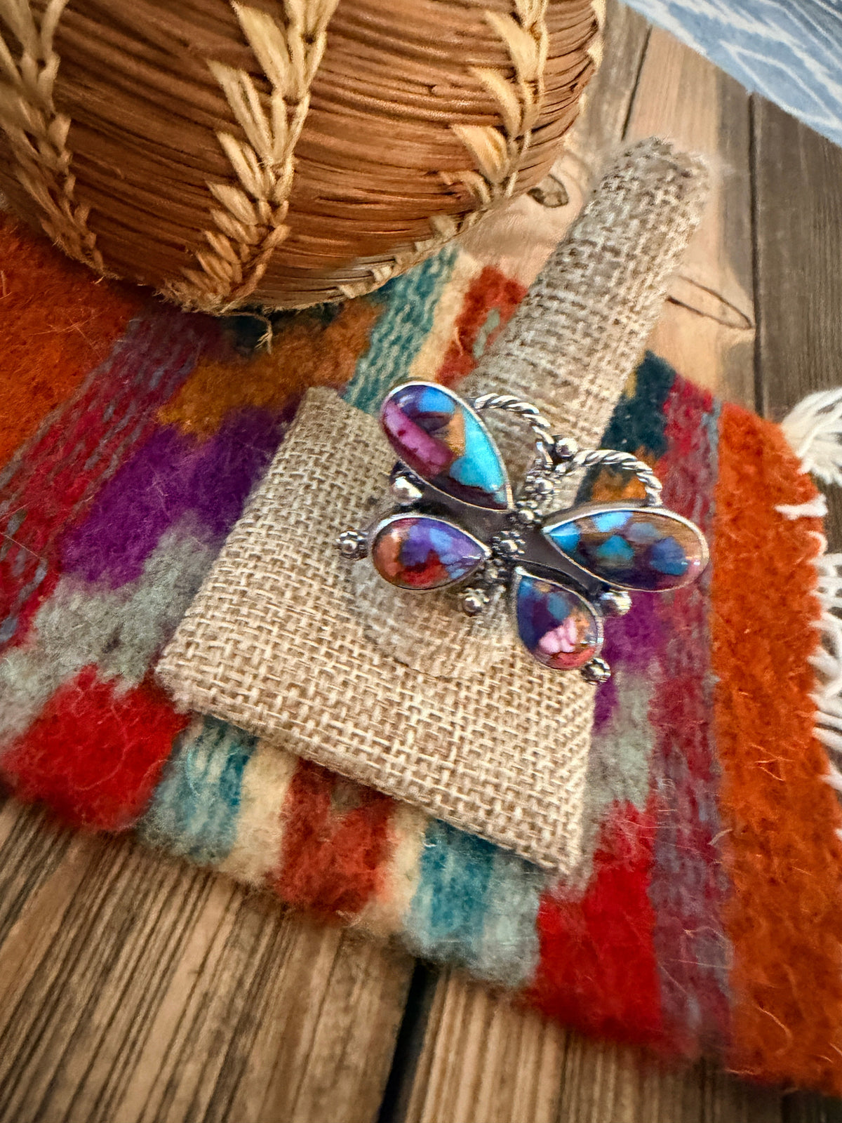 Handcrafted Pink Dream Mojave & Sterling Silver Adjustable Butterfly Ring Nizhoni Traders LLC