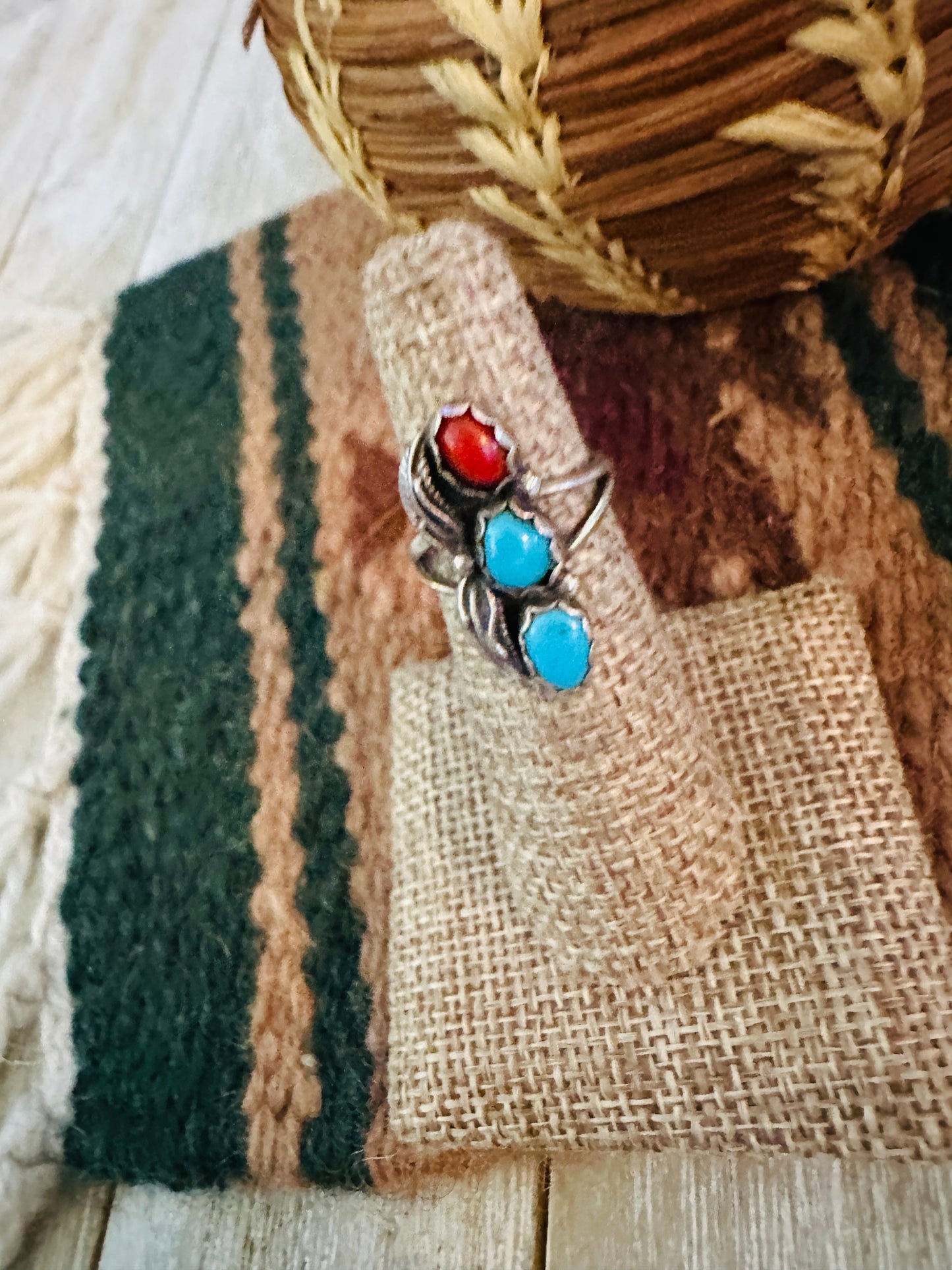 Old Pawn Handcrafted Turquoise, Coral & Sterling Silver Ring Size 5.25 Nizhoni Traders LLC