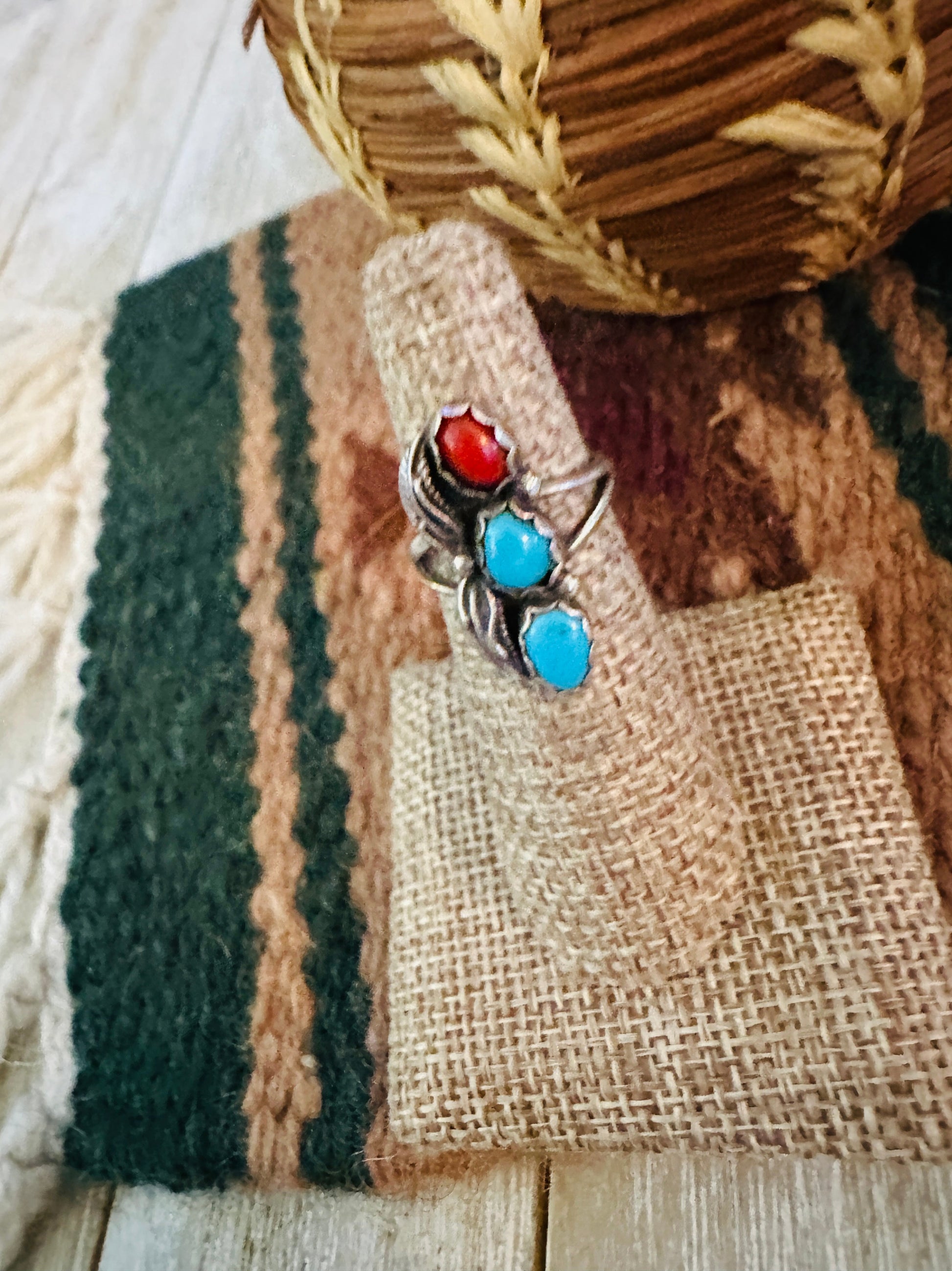 Old Pawn Handcrafted Turquoise, Coral & Sterling Silver Ring Size 5.25 Nizhoni Traders LLC