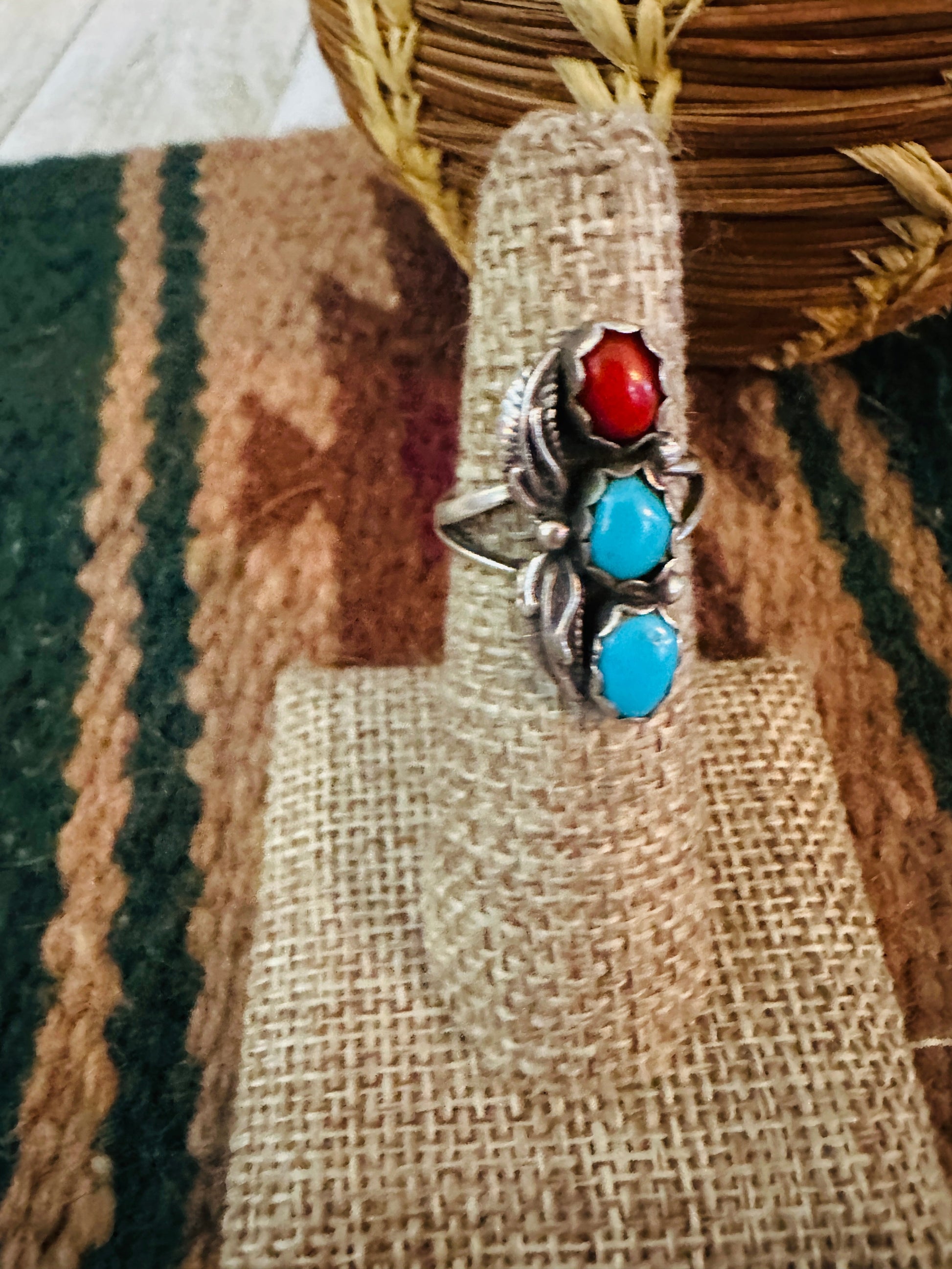 Old Pawn Handcrafted Turquoise, Coral & Sterling Silver Ring Size 5.25 Nizhoni Traders LLC