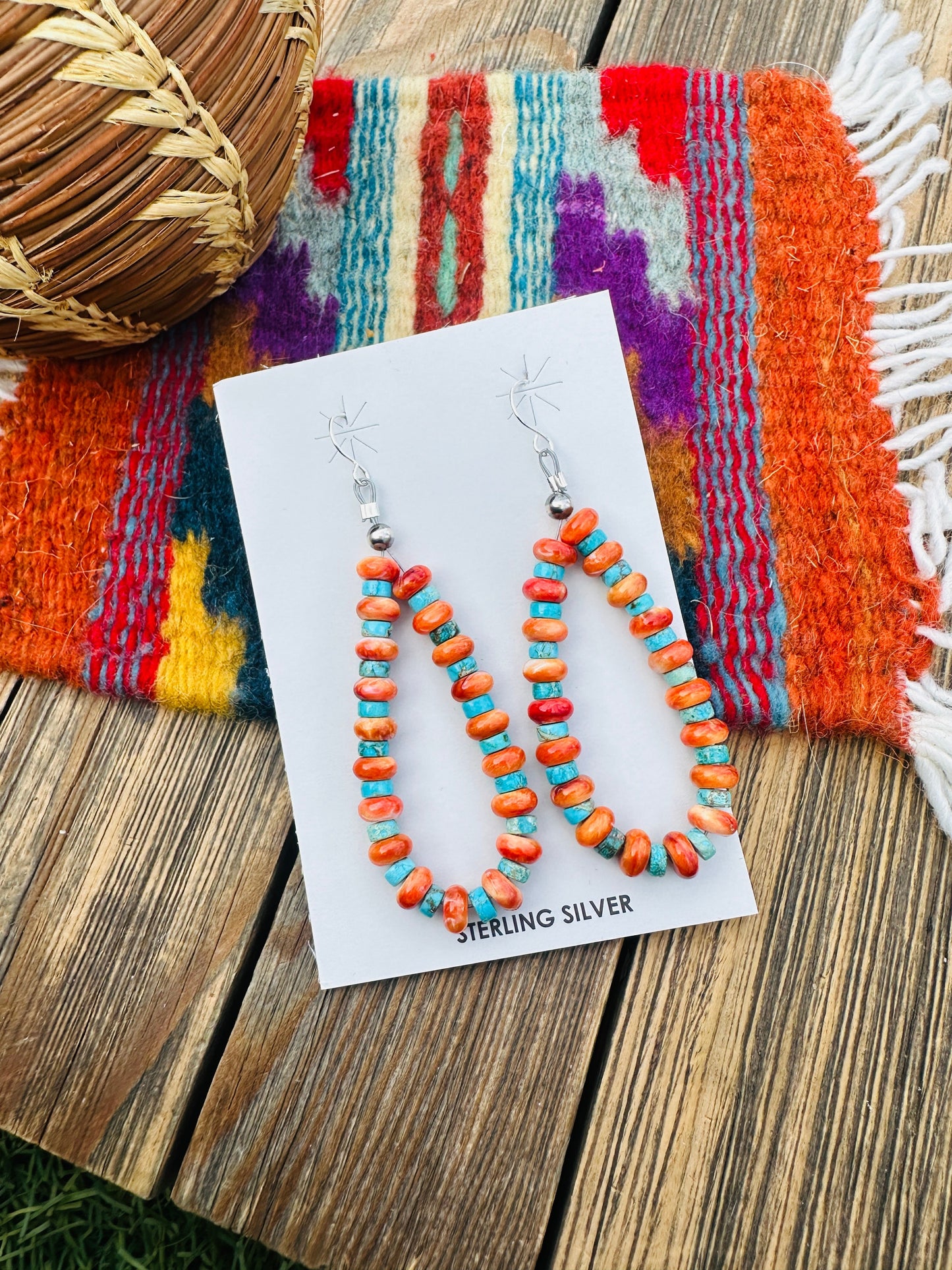 Handcrafted Orange Spiny, Turquoise & Sterling Silver Beaded Dangle Hoop Earrings Nizhoni Traders LLC