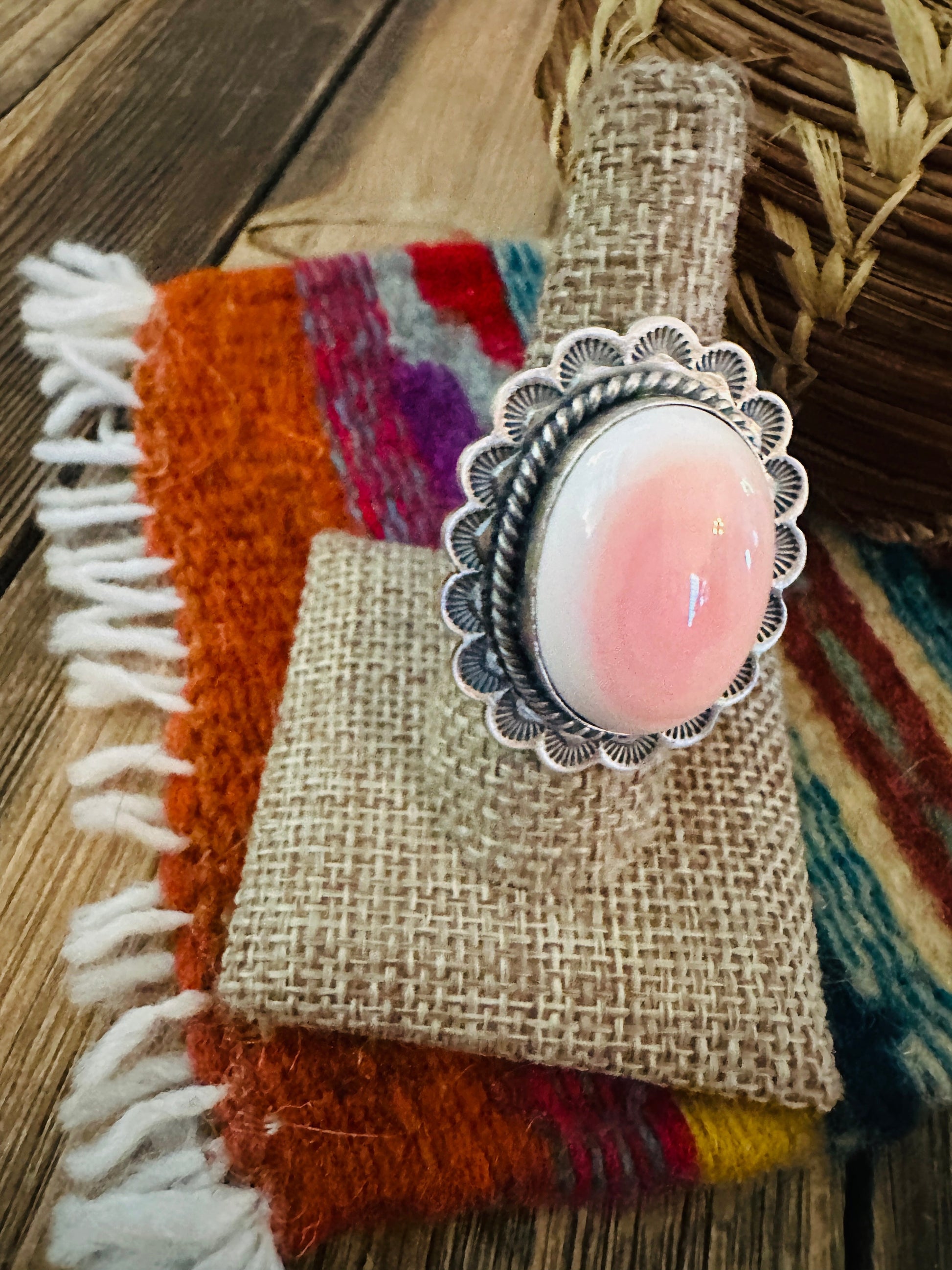 Handcrafted Queen Pink Conch & Sterling Silver Ring Size 8.75 Nizhoni Traders LLC