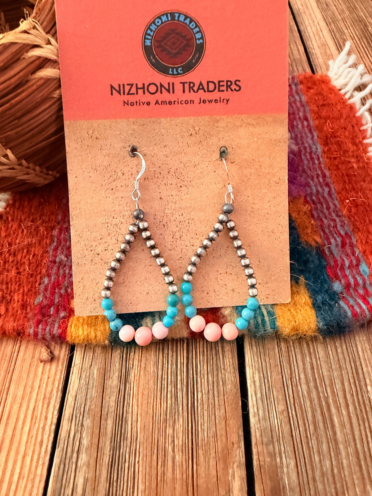 Handcrafted Pink Conch, Turquoise & Sterling Silver Pearl Beaded Dangle Hoop Earrings Nizhoni Traders LLC