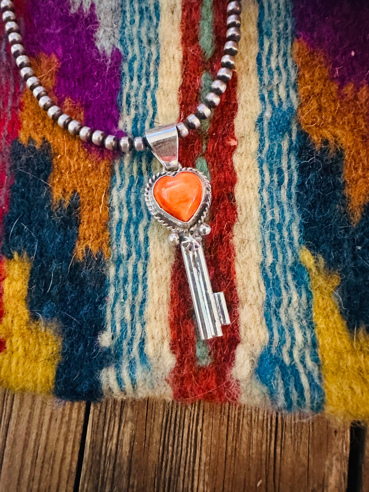 Handcrafted Spiny Oyster & Sterling Silver Heart Key Pendant Nizhoni Traders LLC
