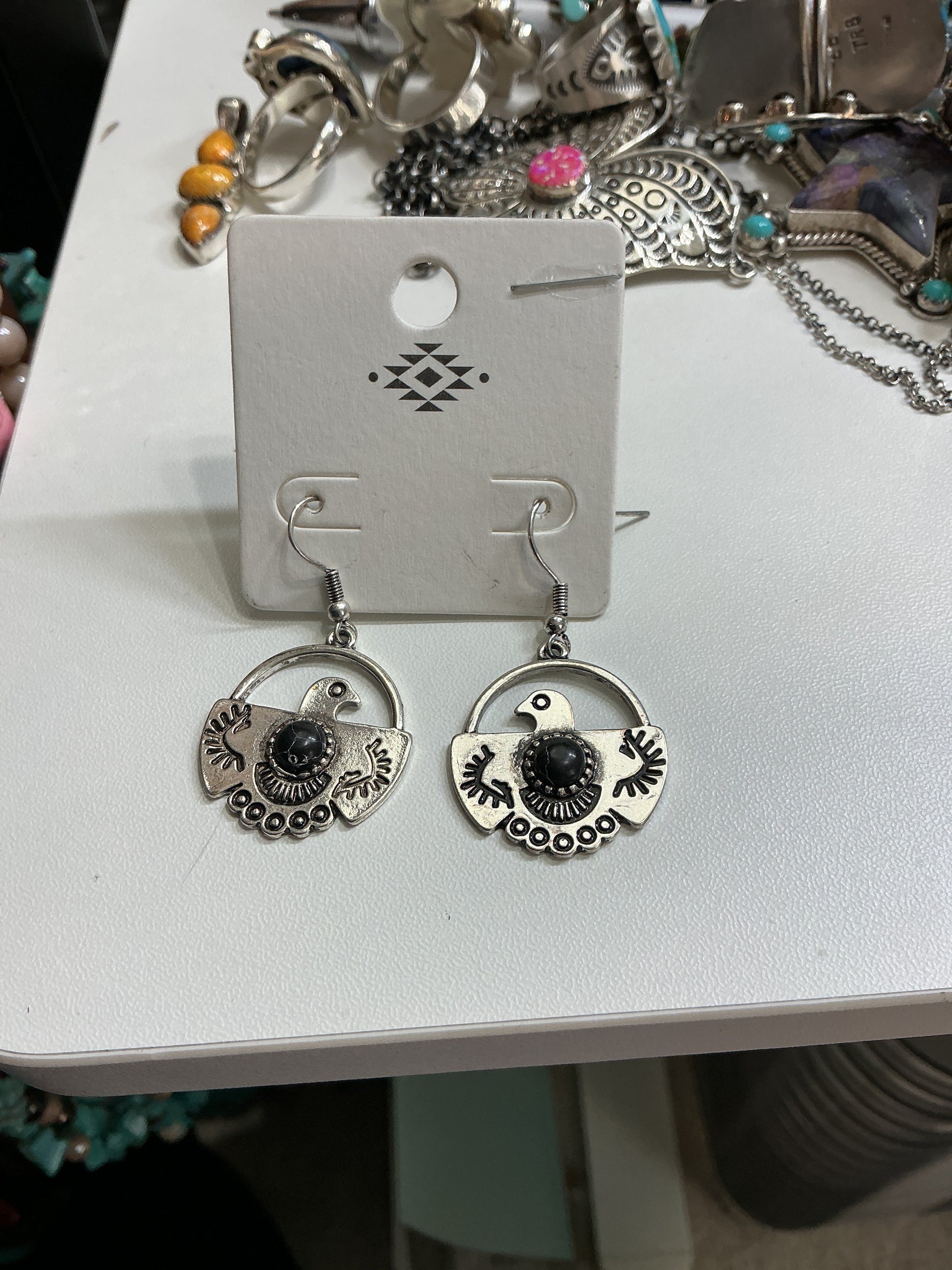 Fashion silver black Onyx Thunderbird, dangles CedarHill Country Market