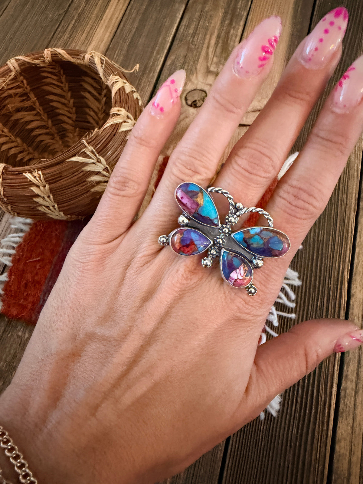 Handcrafted Pink Dream Mojave & Sterling Silver Adjustable Butterfly Ring Nizhoni Traders LLC