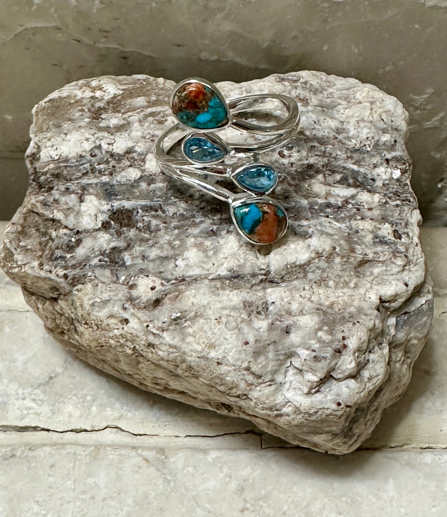 Turquoise, Blue Topaz and Spiny Oyster Sterling Silver Ring Size 7.5 Nizhoni Traders LLC