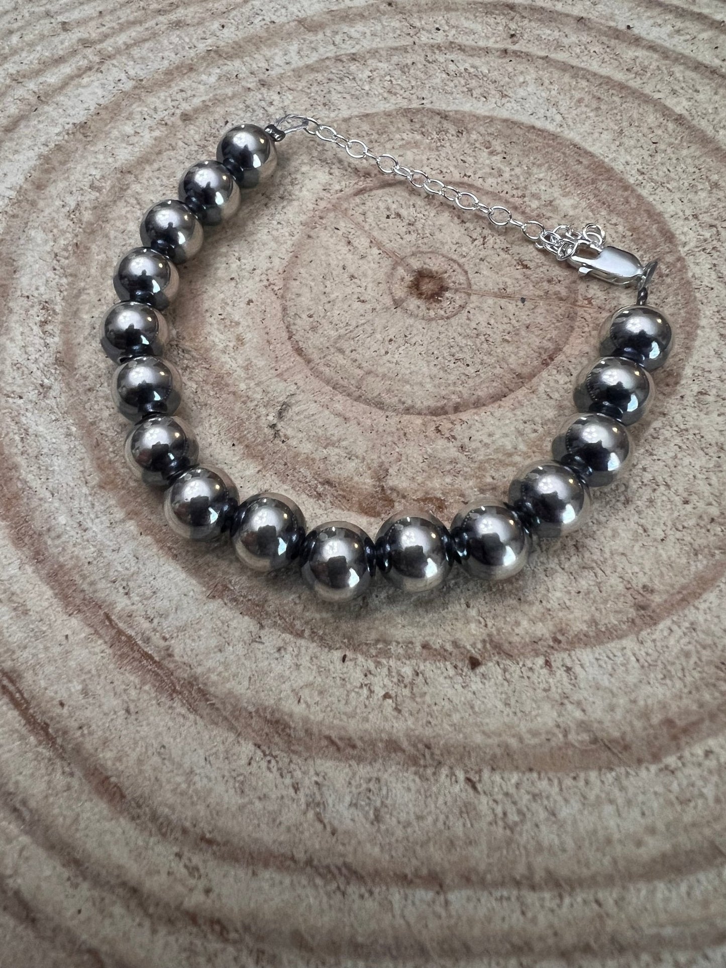 8mm Sterling Silver Pearls bracelet - 6.5 inch bracelet Cowhide and Conchos