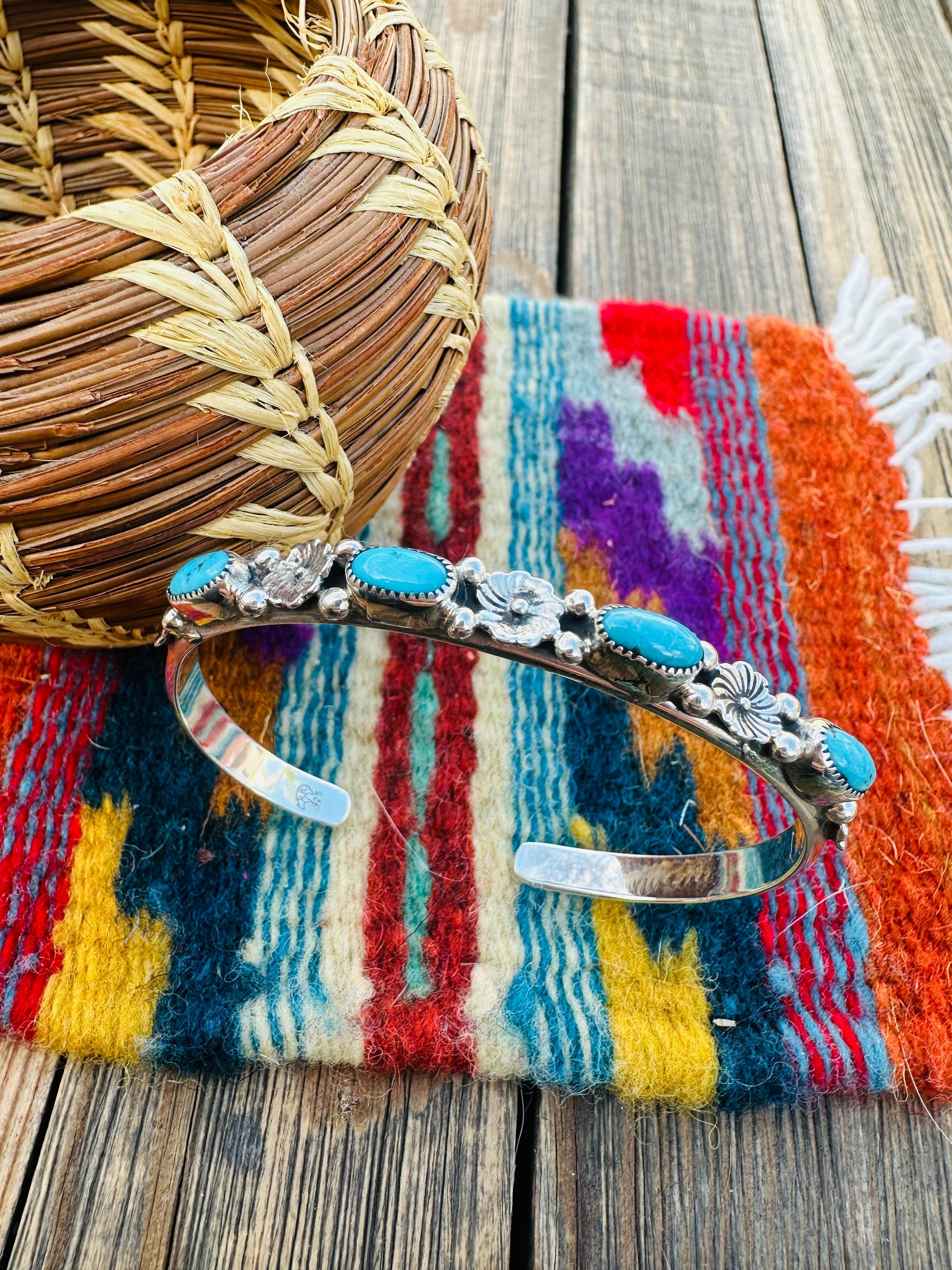 Handcrafted Turquoise & Sterling Silver Flower Stacker Cuff Bracelet Nizhoni Traders LLC