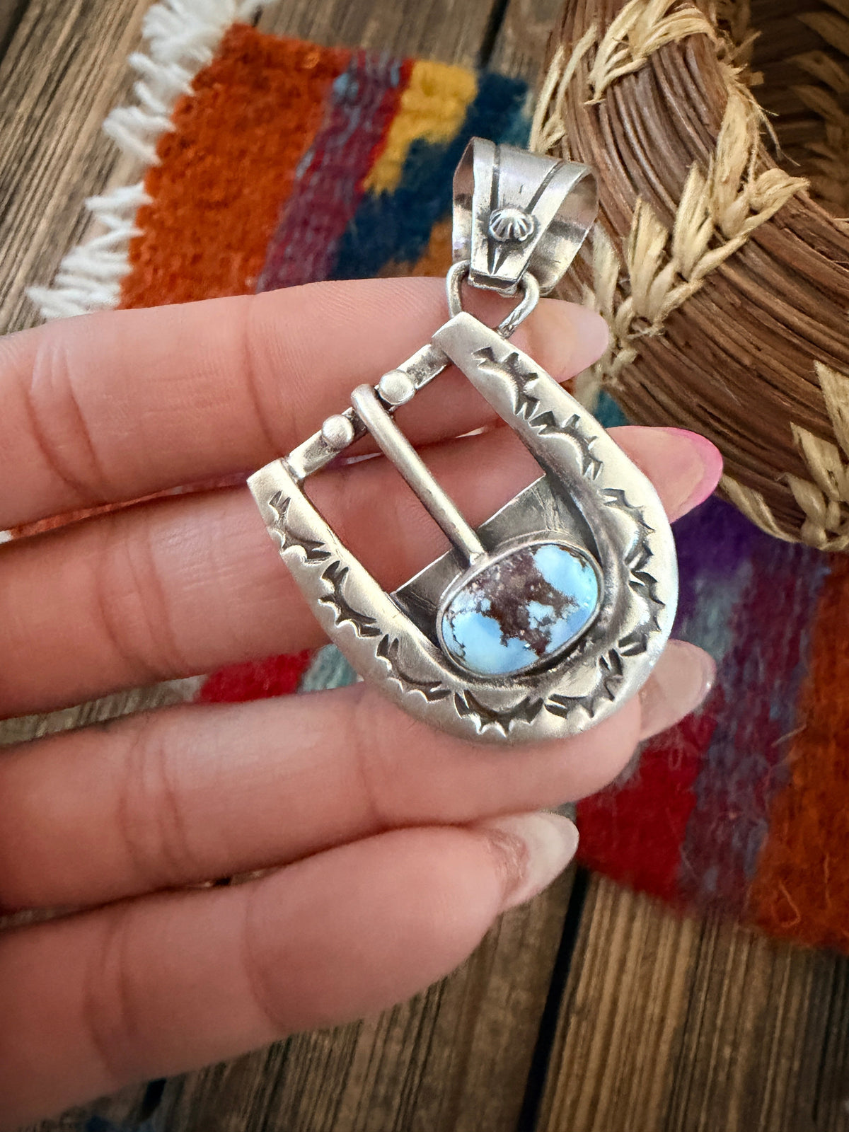 Handcrafted Sterling Silver & Turquoise Belt Buckle Pendant by Leroy James Nizhoni Traders LLC