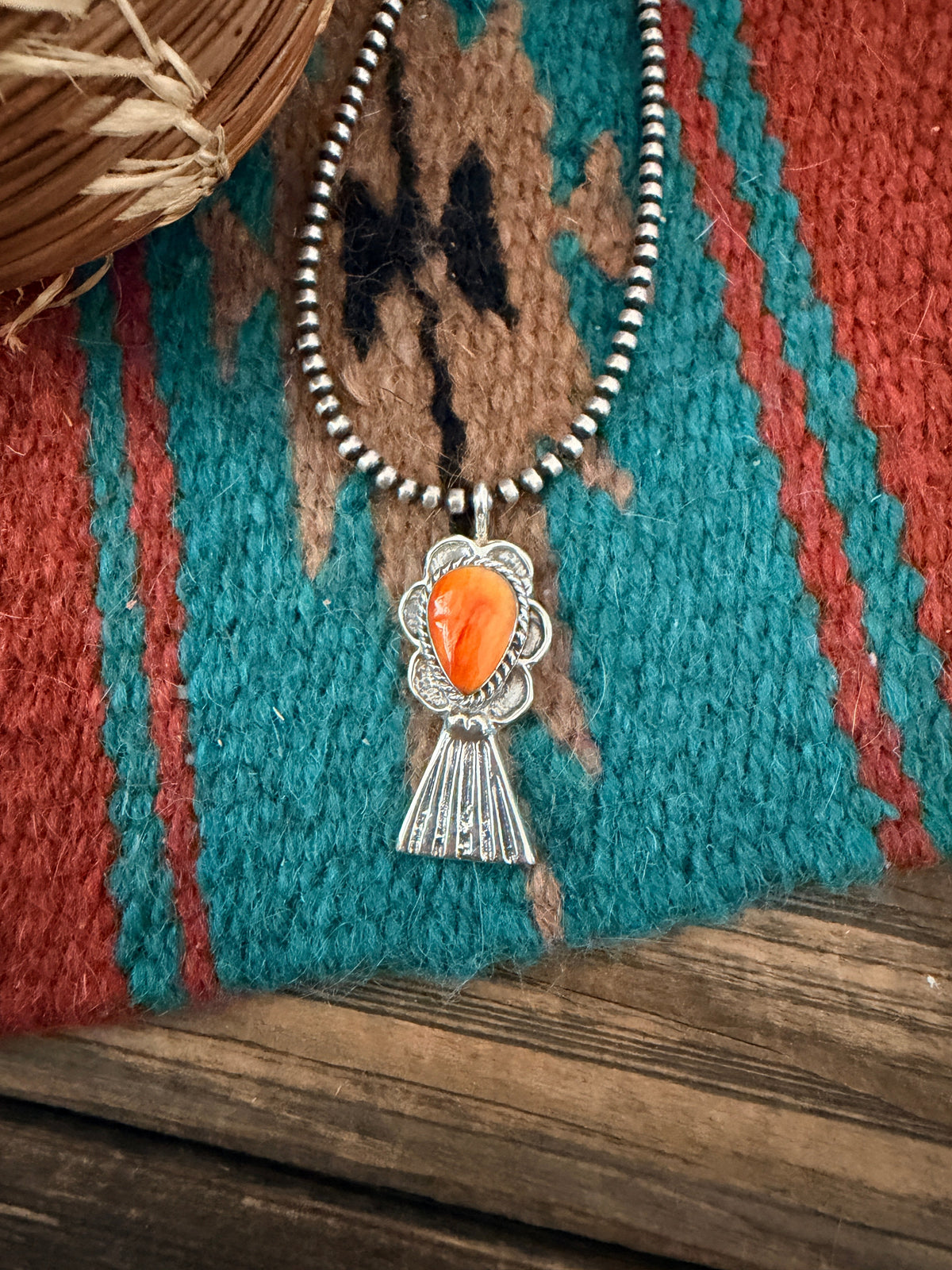 Handcrafted Sterling Silver & Orange Spiny Oyster Blossom Pendant by Joseph Martinez Nizhoni Traders LLC