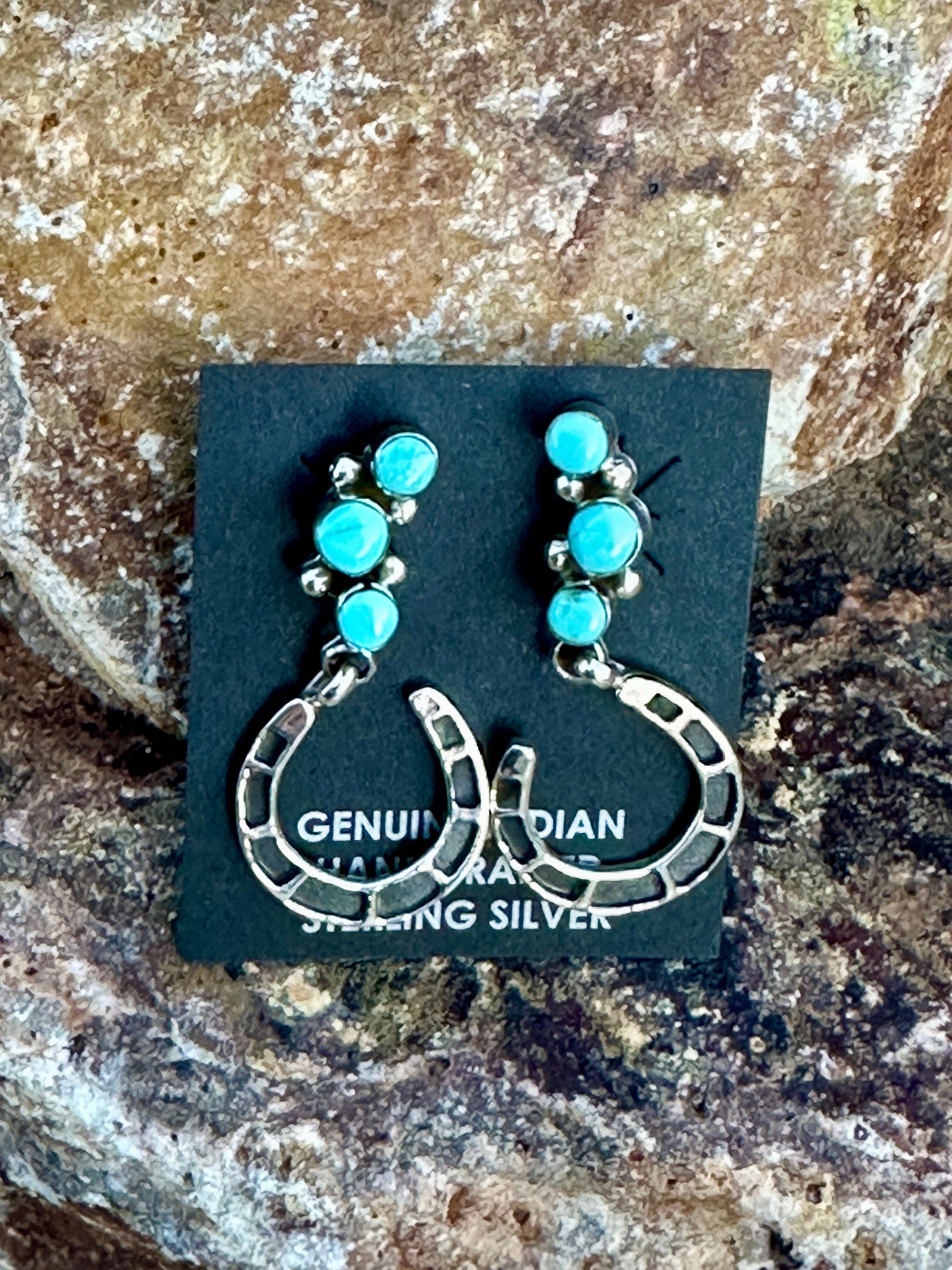Handcrafted 3 Stone Turquoise & Sterling Silver Horseshoe Earrings Nizhoni Traders LLC