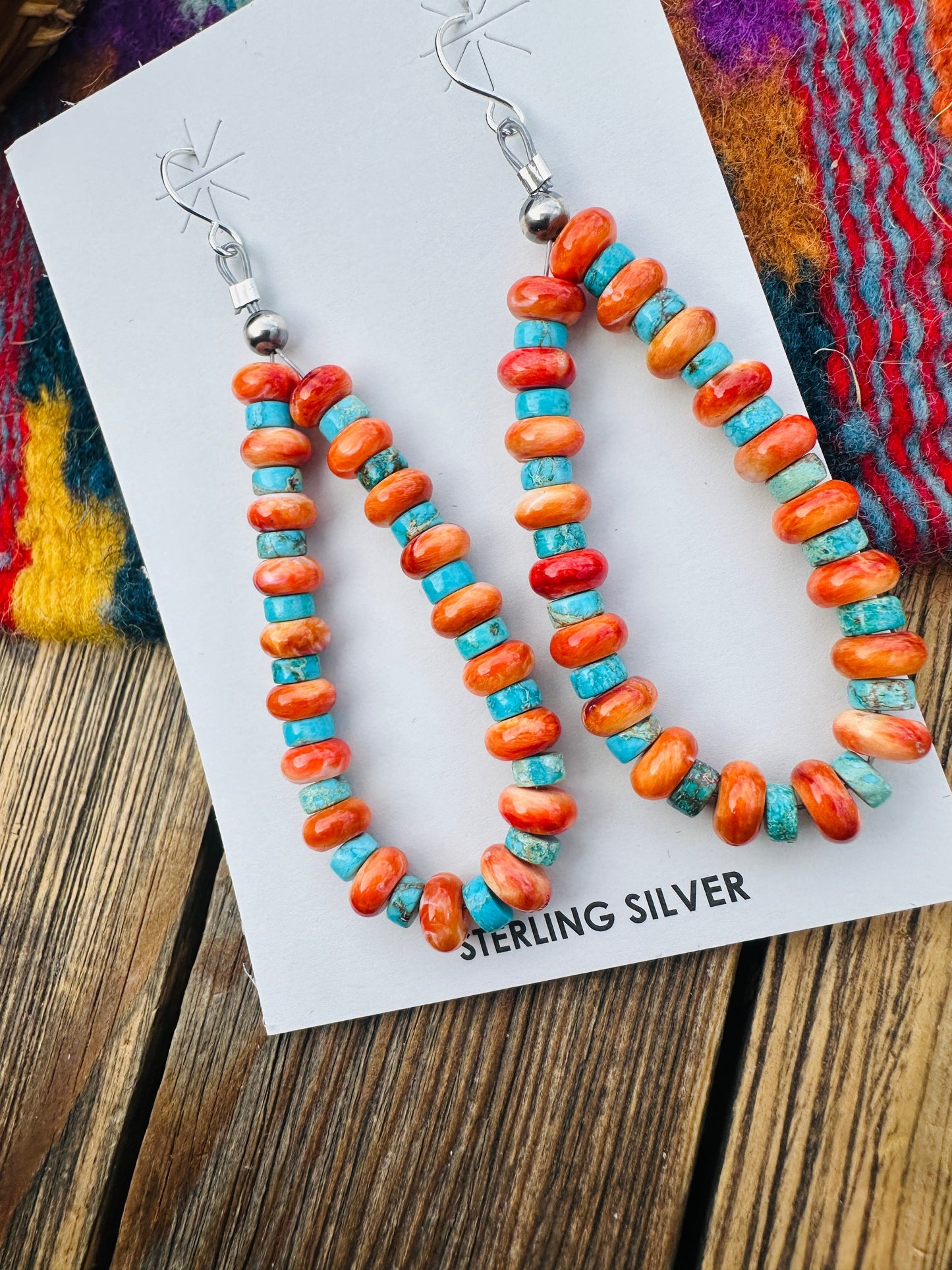 Handcrafted Orange Spiny, Turquoise & Sterling Silver Beaded Dangle Hoop Earrings Nizhoni Traders LLC