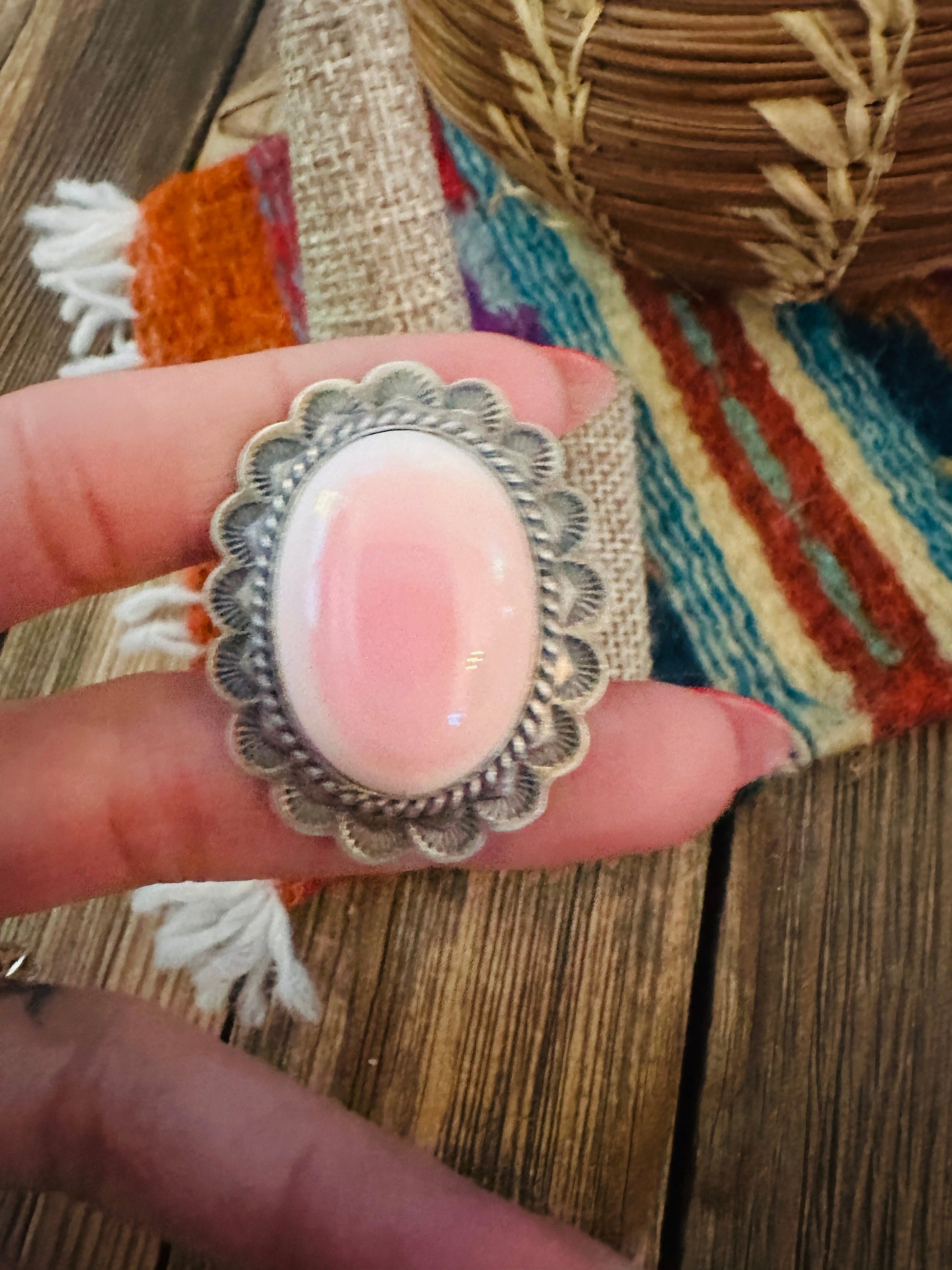 Handcrafted Queen Pink Conch & Sterling Silver Ring Size 8.75 Nizhoni Traders LLC