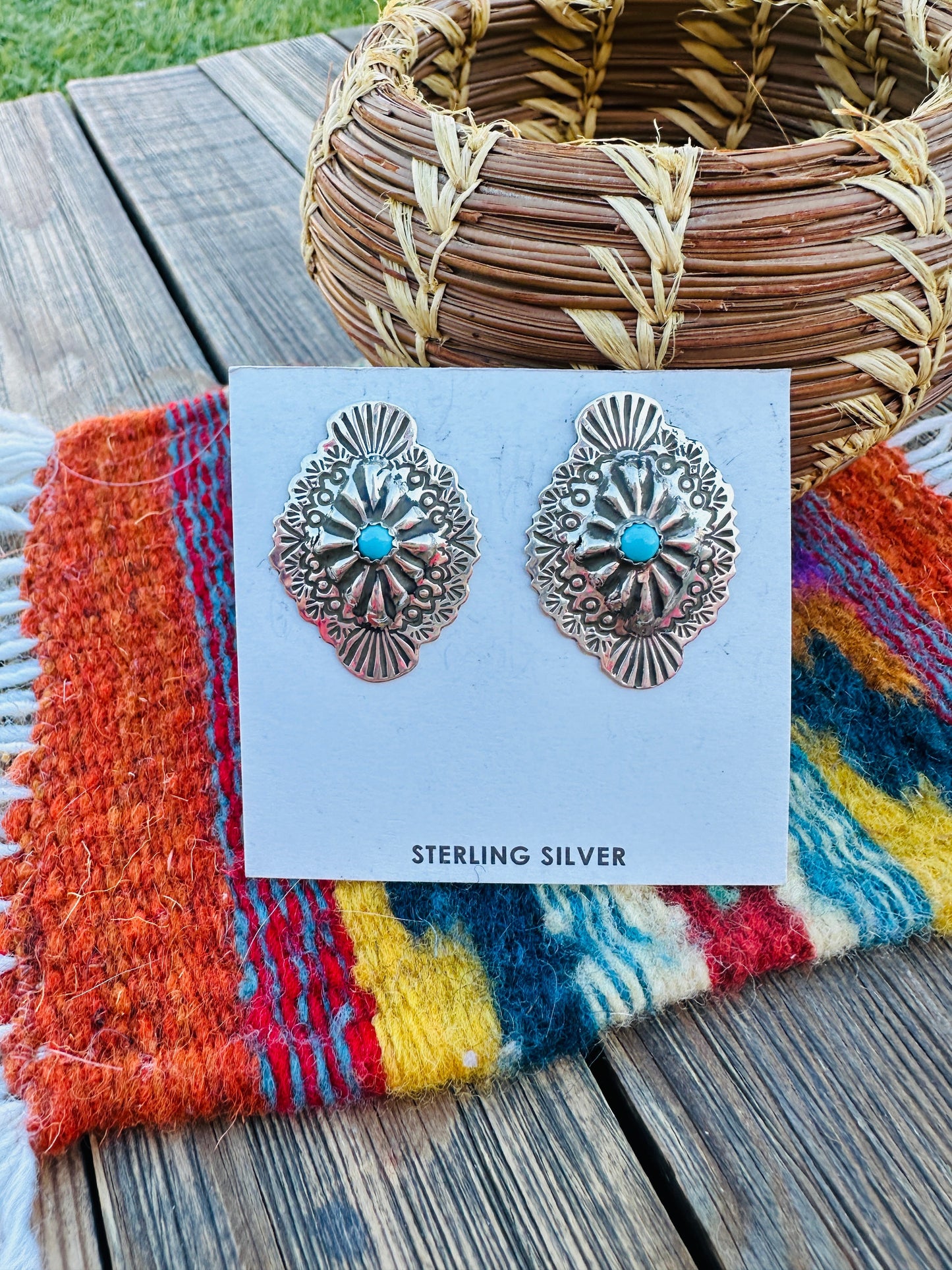 Handcrafted Turquoise & Sterling Silver Concho Post Earrings Nizhoni Traders LLC