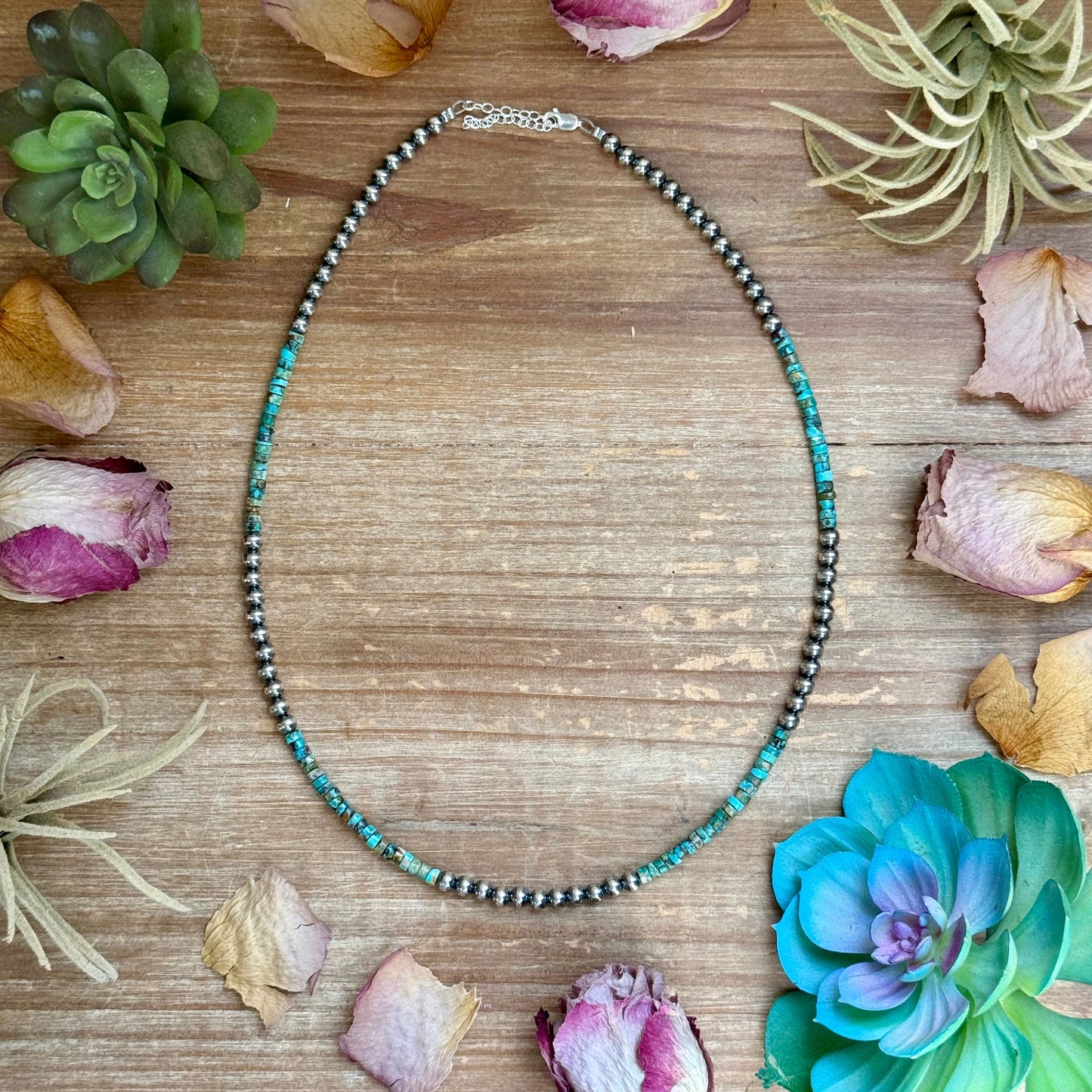 20” Heishi Turquoise Necklace – 4mm Turquoise & 5mm Sterling Silver Pearls The Bijoux FAB Jewelry