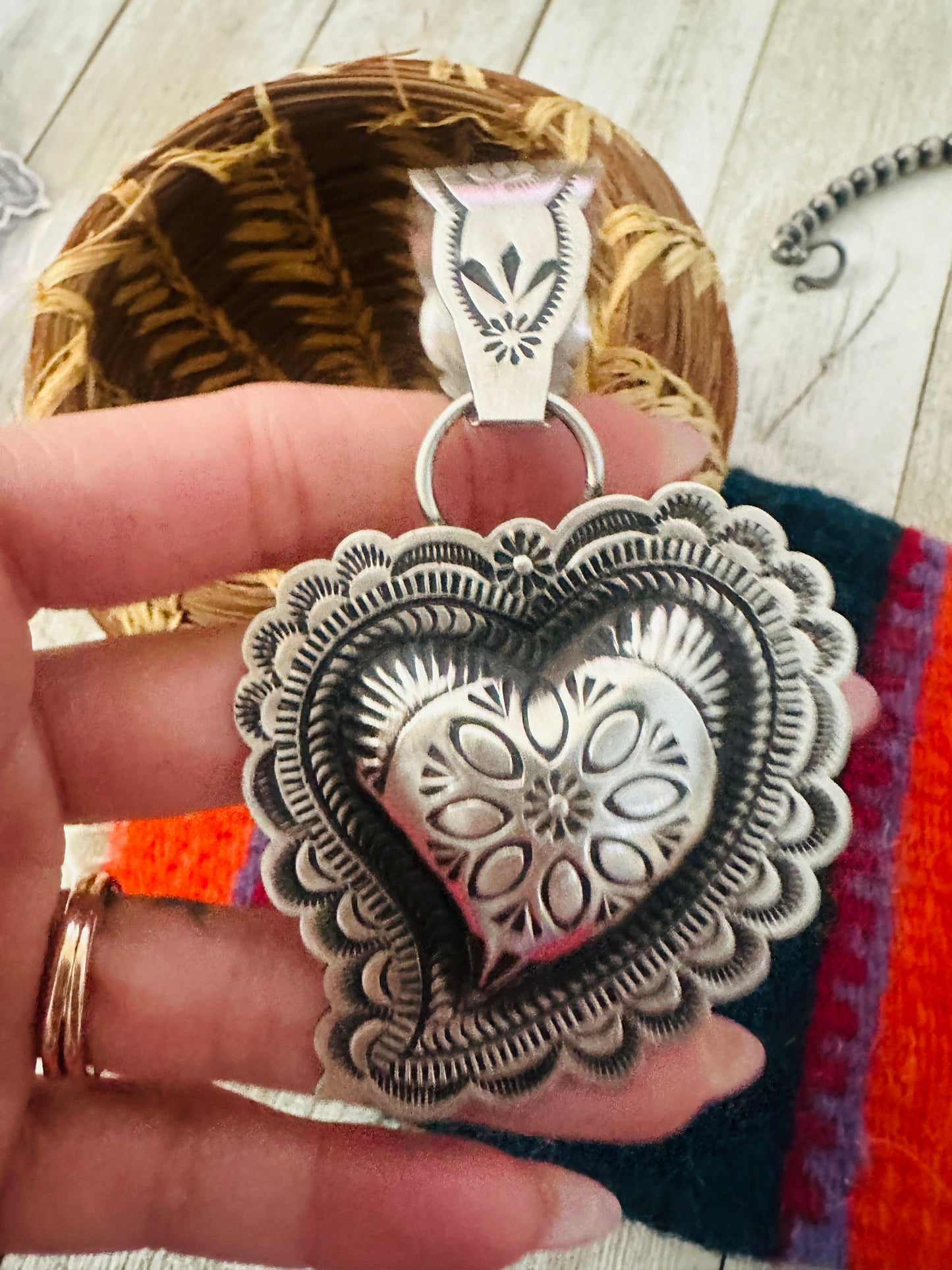 Handcrafted Sterling Silver Heart Concho Pendant by Leander Tahe Nizhoni Traders LLC